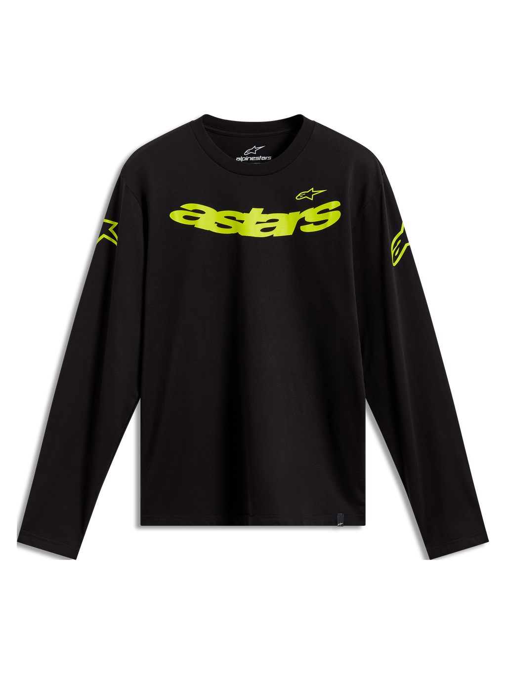 Alpinestars Velocifier CSF Tee - Maniche lunghe, maglietta a maniche lunghe, nero e giallo neon, loghi Astars sulle spalle e scritta curva sul petto, abbigliamento casual motorsport