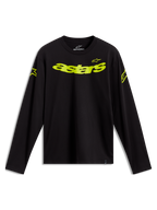Alpinestars Velocifier CSF Tee - Maniche lunghe, maglietta a maniche lunghe, nero e giallo neon, loghi Astars sulle spalle e scritta curva sul petto, abbigliamento casual motorsport