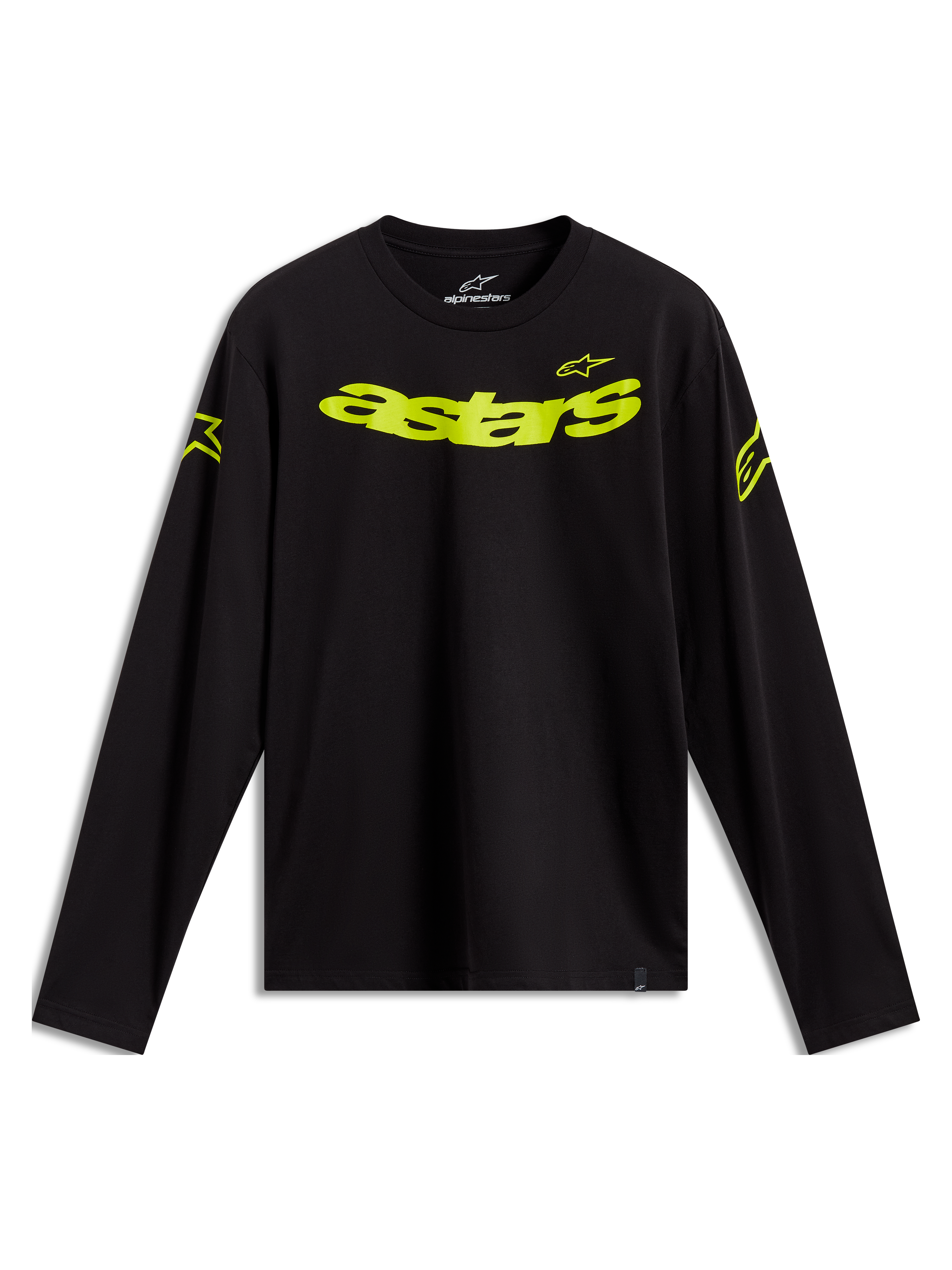 Alpinestars Velocifier CSF Tee - Maniche lunghe, maglietta a maniche lunghe, nero e giallo neon, loghi Astars sulle spalle e scritta curva sul petto, abbigliamento casual motorsport