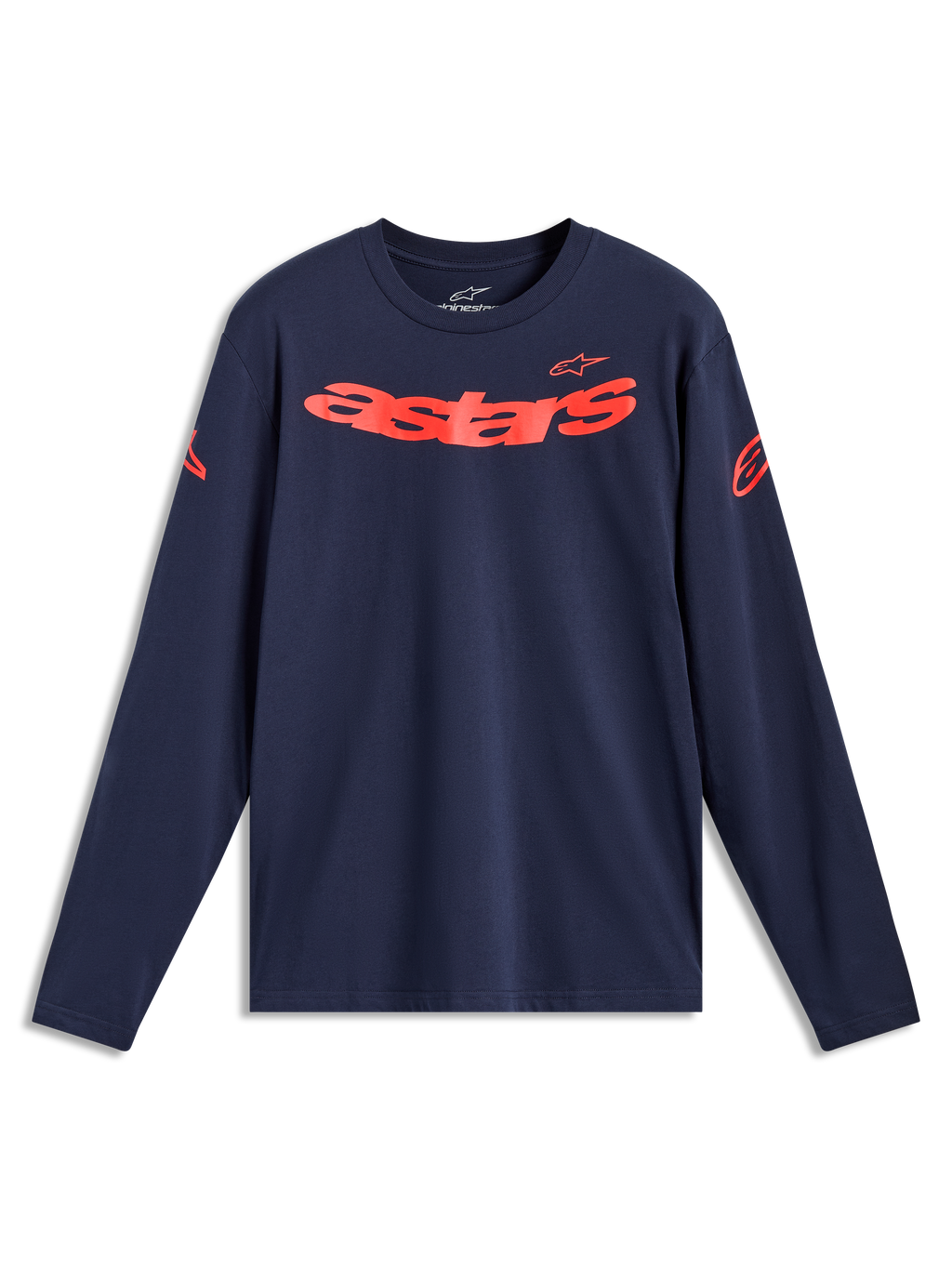 Alpinestars Velocifier CSF Tee a maniche lunghe, blu navy e rosso, sportswear con scritta Astars curva e loghi sulle spalle.