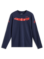 Alpinestars Velocifier CSF Tee a maniche lunghe, blu navy e rosso, sportswear con scritta Astars curva e loghi sulle spalle.