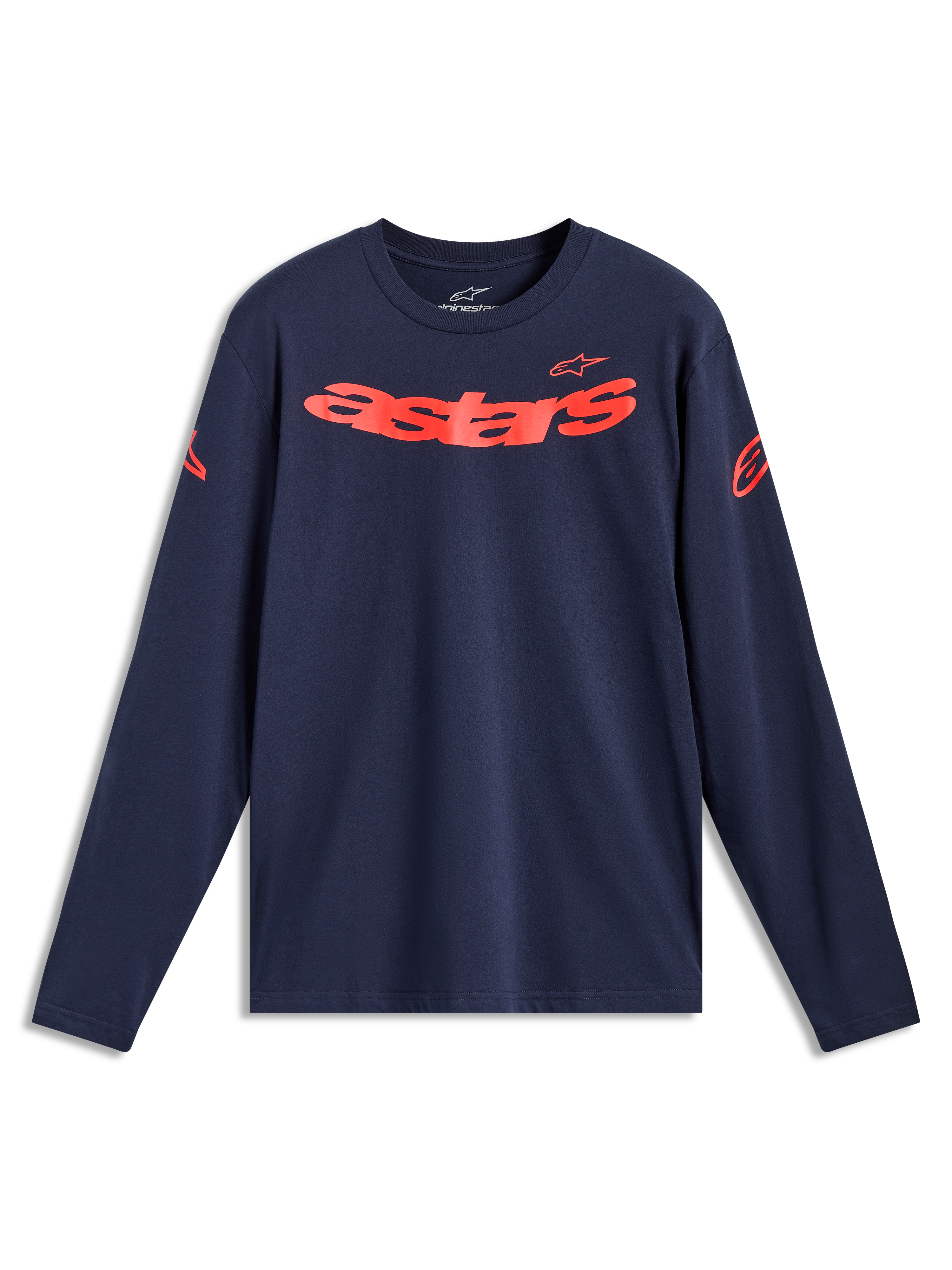 Alpinestars Velocifier CSF Tee a maniche lunghe, blu navy e rosso, sportswear con scritta Astars curva e loghi sulle spalle.