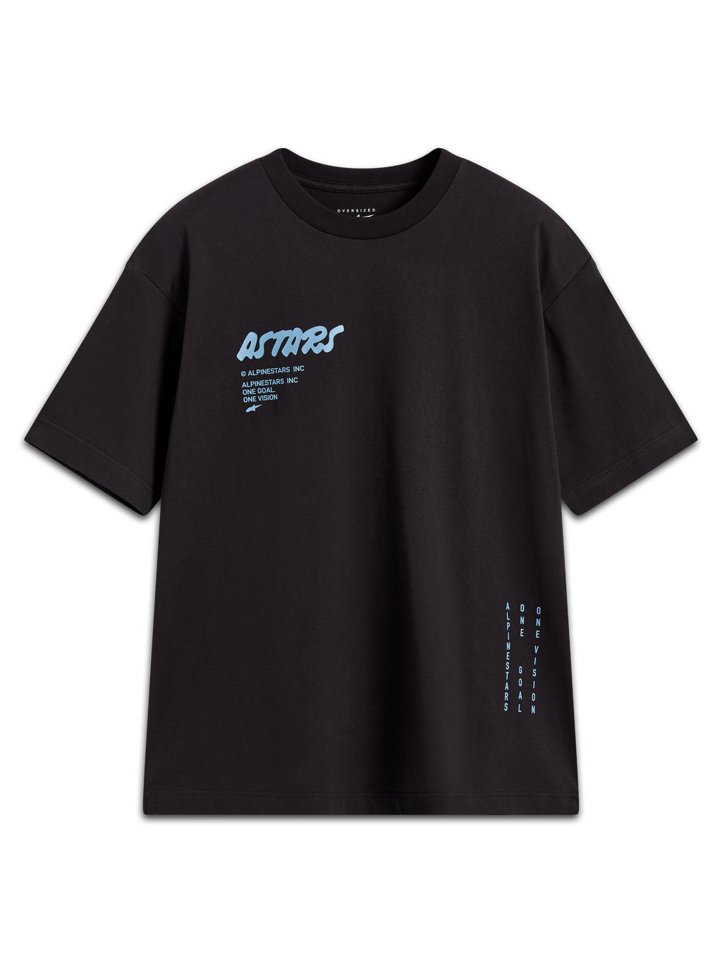 Alpinestars Chalk Oversized CSF Tee, maglietta a maniche corte da uomo, nera, logo Astars azzurro sul petto e branding laterale verticale, vestibilità ampia casual