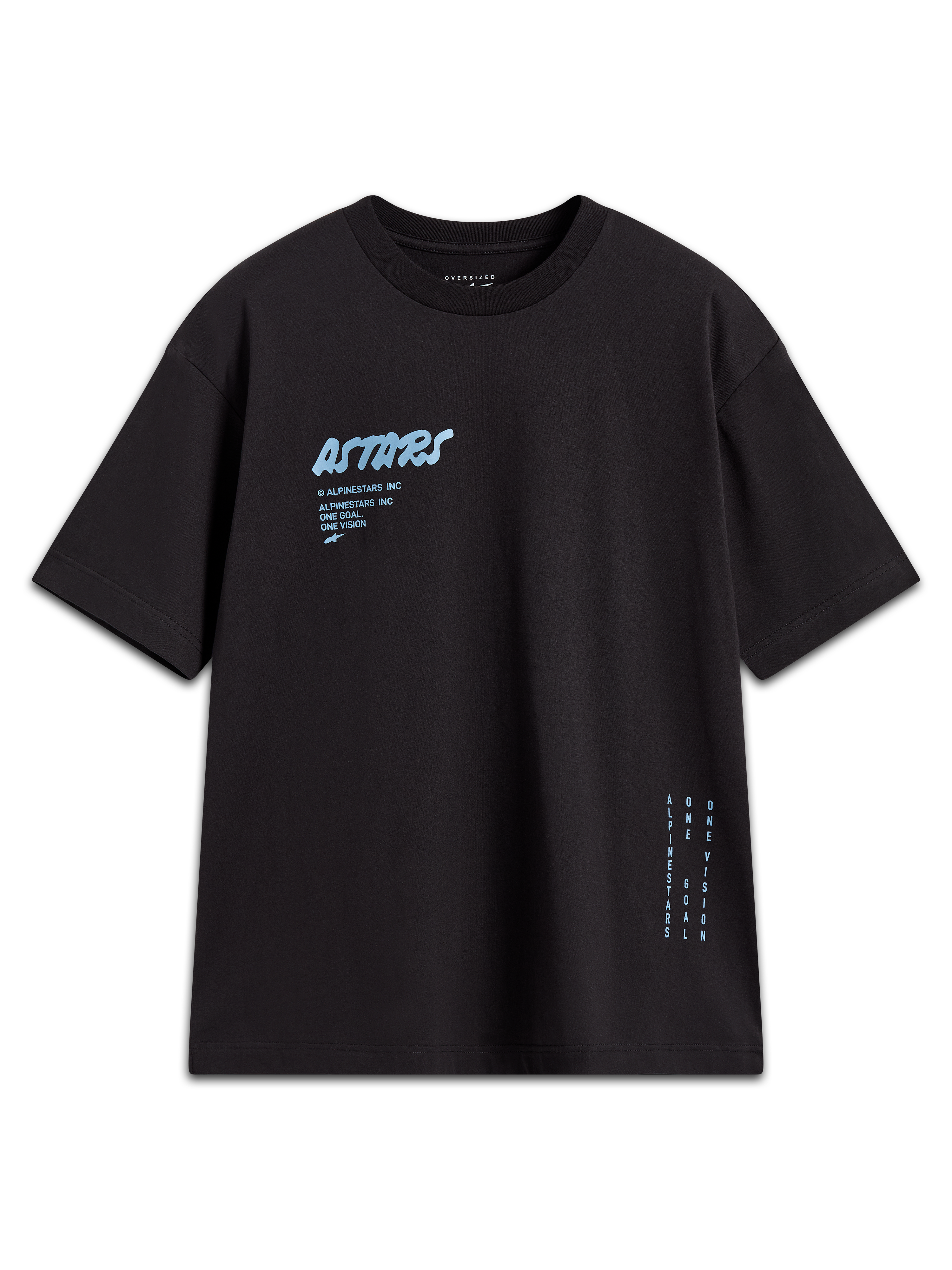 Alpinestars Chalk Oversized CSF Tee, maglietta a maniche corte da uomo, nera, logo Astars azzurro sul petto e branding laterale verticale, vestibilità ampia casual