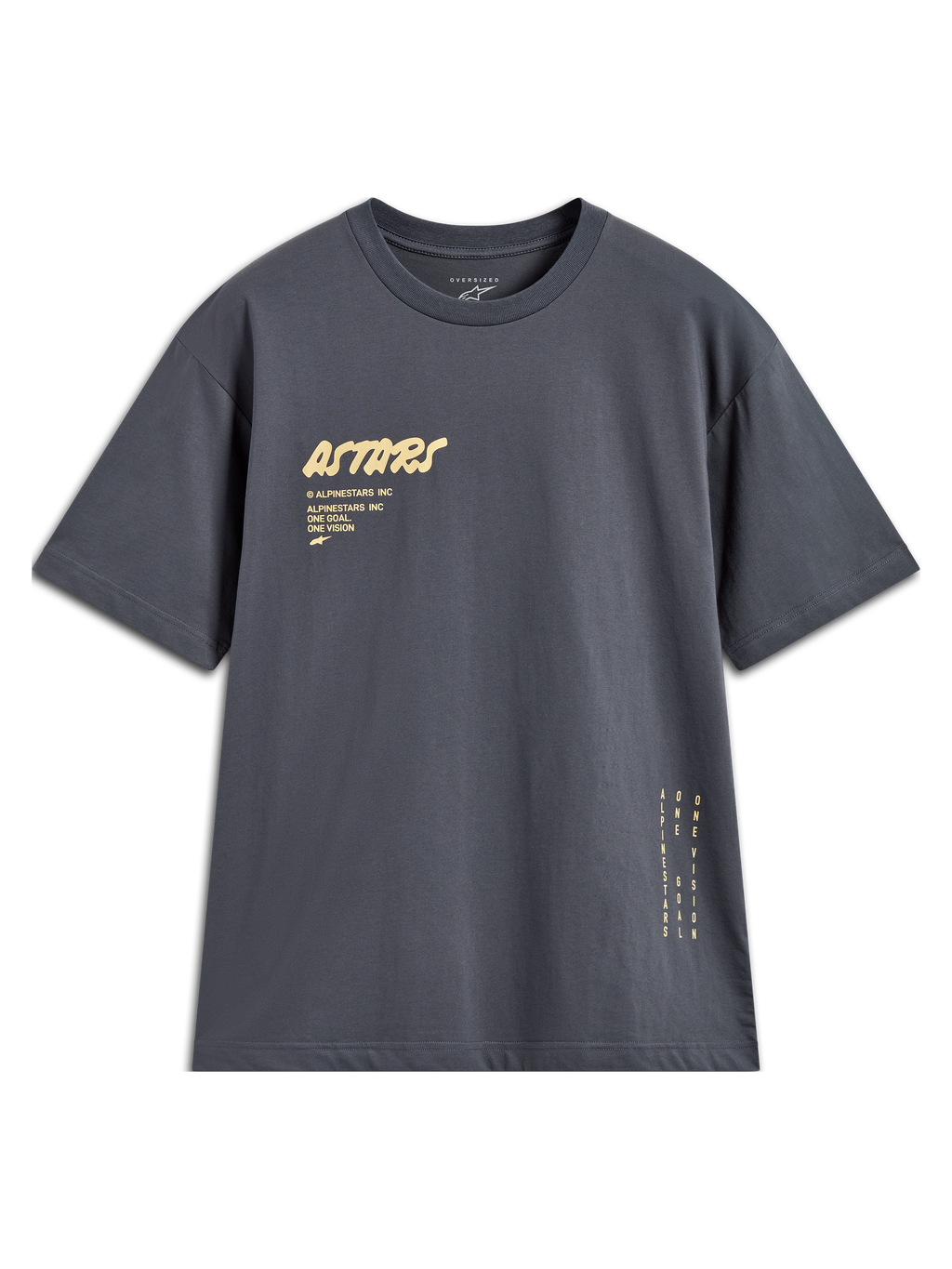 Alpinestars Chalk Oversized CSF Tee, maglietta a maniche corte da uomo, grigio antracite, logo Astars frontale e branding verticale laterale, vestibilità ampia, abbigliamento casual motorsport
