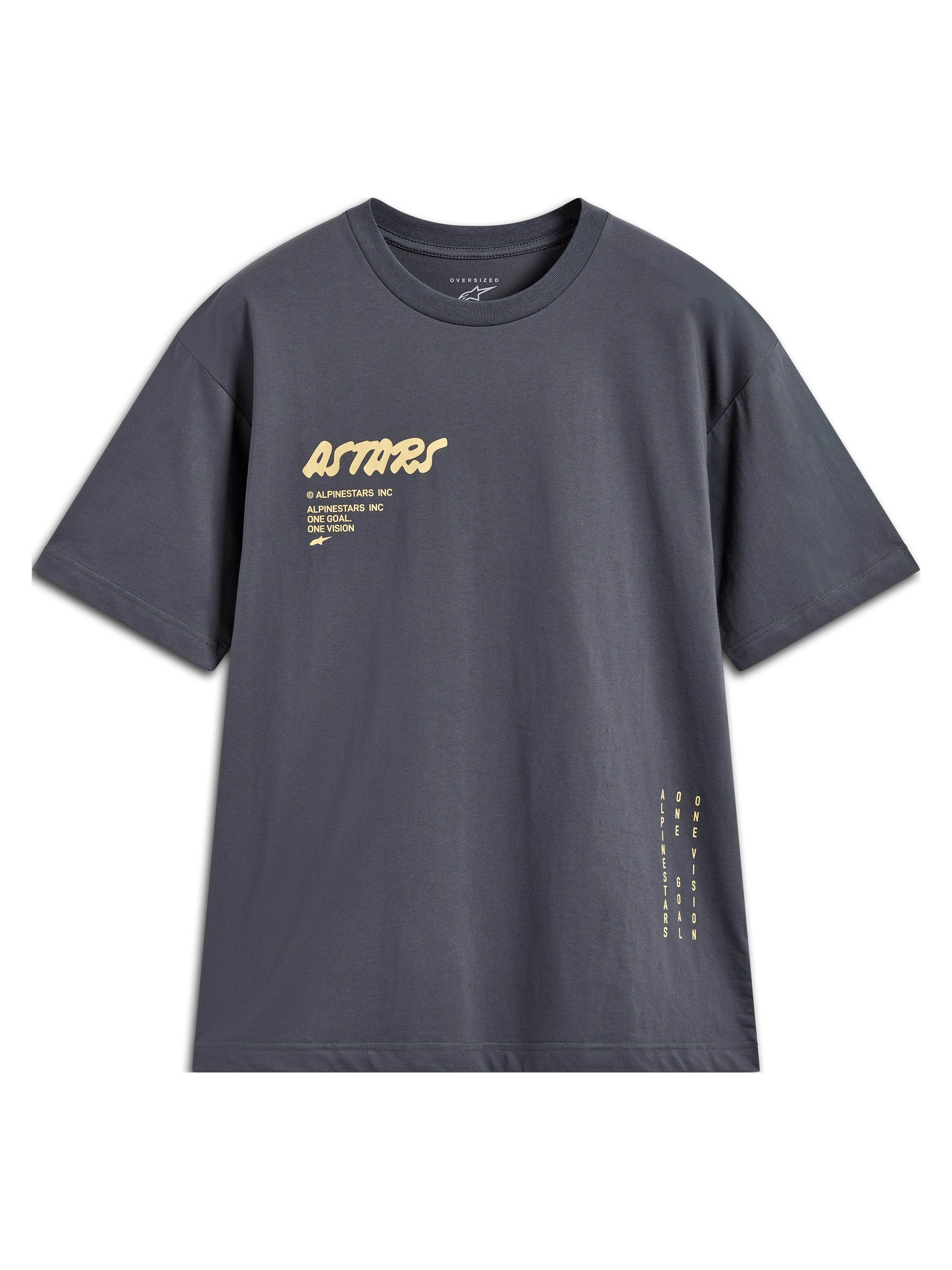 Alpinestars Chalk Oversized CSF Tee, maglietta a maniche corte da uomo, grigio antracite, logo Astars frontale e branding verticale laterale, vestibilità ampia, abbigliamento casual motorsport