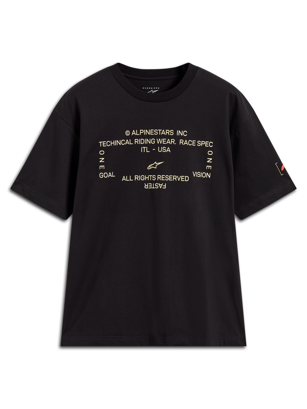 Alpinestars Infinity Oversized CSF Tee, maglietta sportiva nera a maniche corte con grafica tecnica frontale.