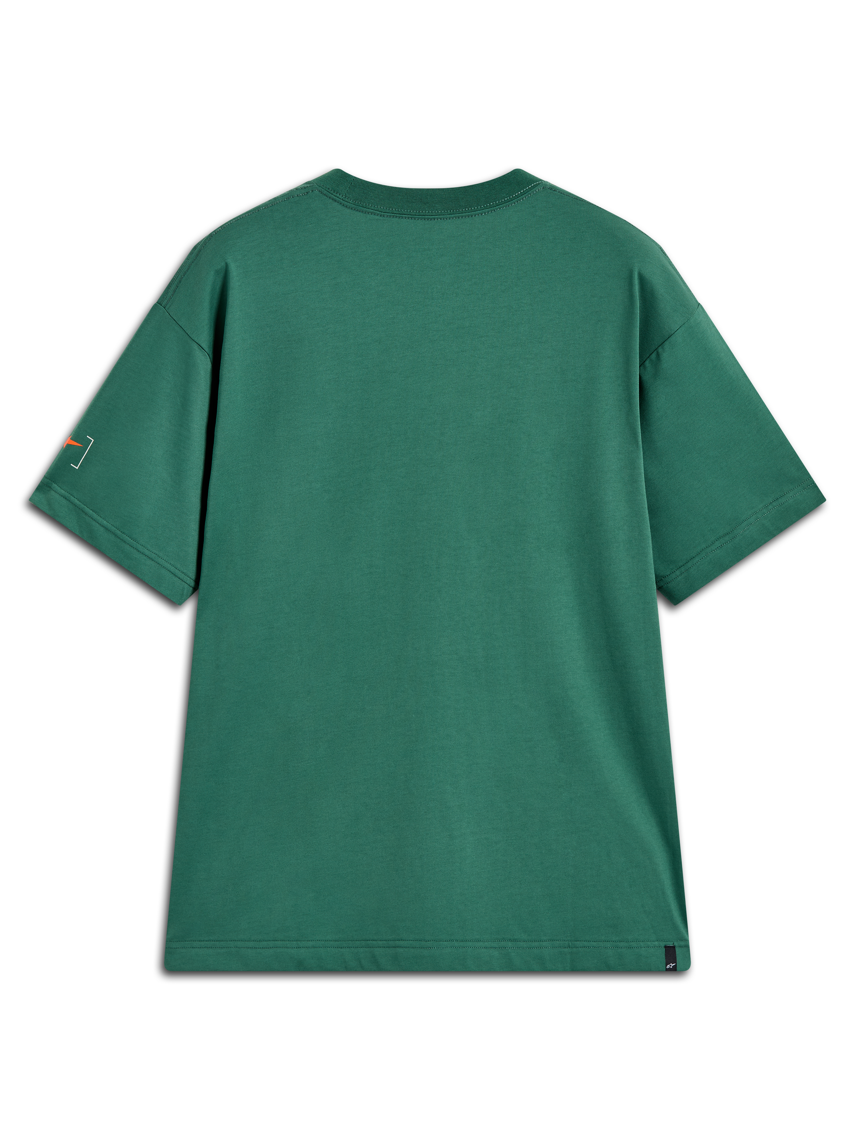 Alpinestars Infinity Oversized CSF Tee, maglietta sportiva verde a maniche corte, vista posteriore con grafica arancione.