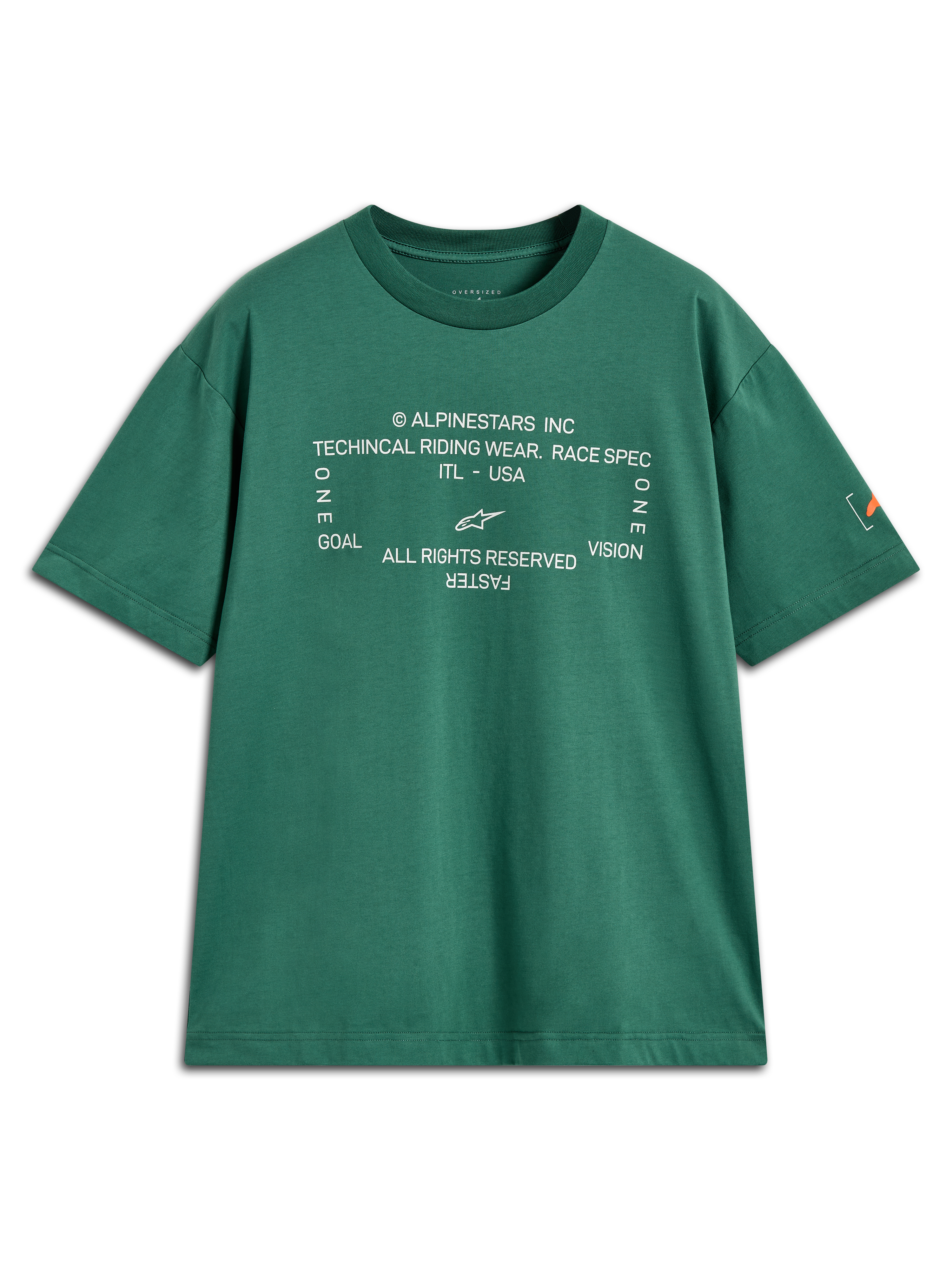 Alpinestars Infinity Oversized CSF Tee, maglietta a maniche corte verde con grafica bianca e logo Astars sulla manica.