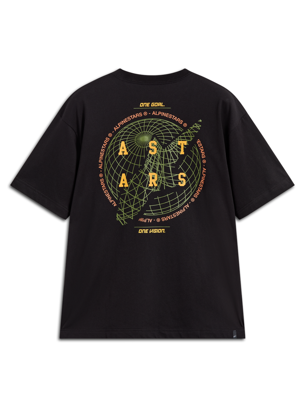 Alpinestars Latitude Oversized CSF Tee, maglietta nera con grafica globo verde e logo ASTARS giallo, stile casual motorsport.