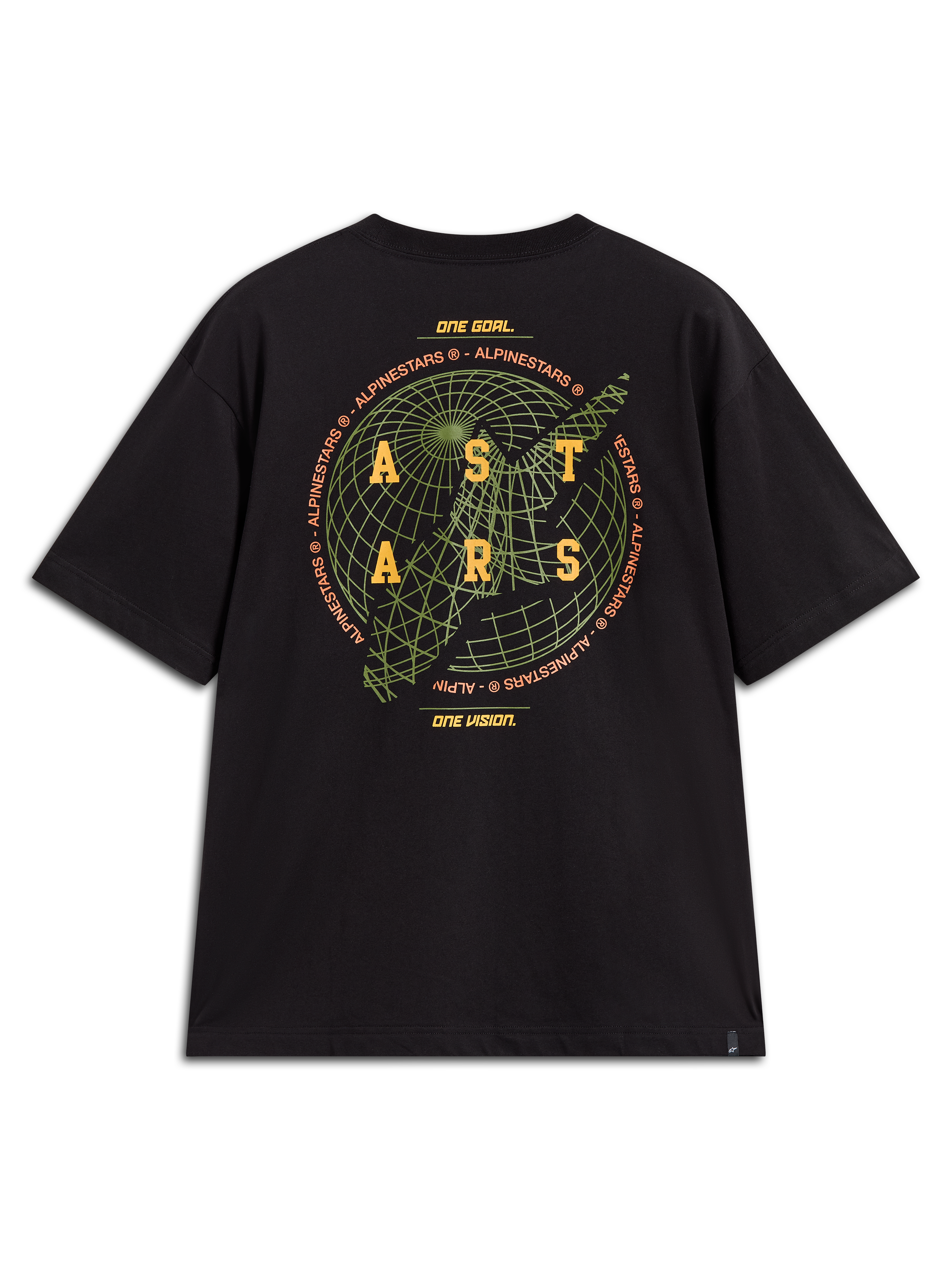 Alpinestars Latitude Oversized CSF Tee, maglietta nera con grafica globo verde e logo ASTARS giallo, stile casual motorsport.