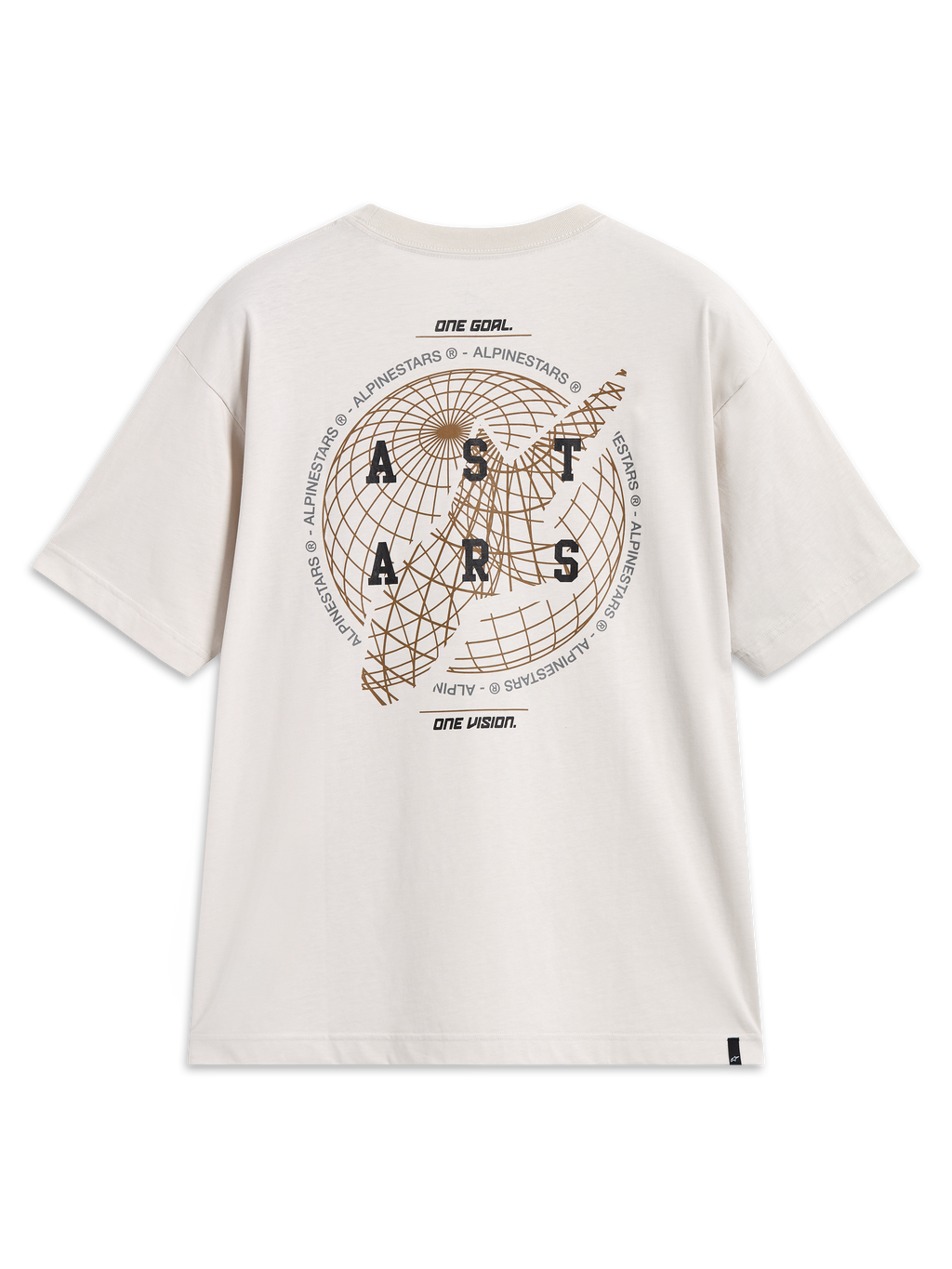 Alpinestars Latitude Oversized CSF Tee, maglietta a maniche corte, beige cemento, con grande grafica posteriore a globo e logo Astars, abbigliamento casual ispirato al motorsport