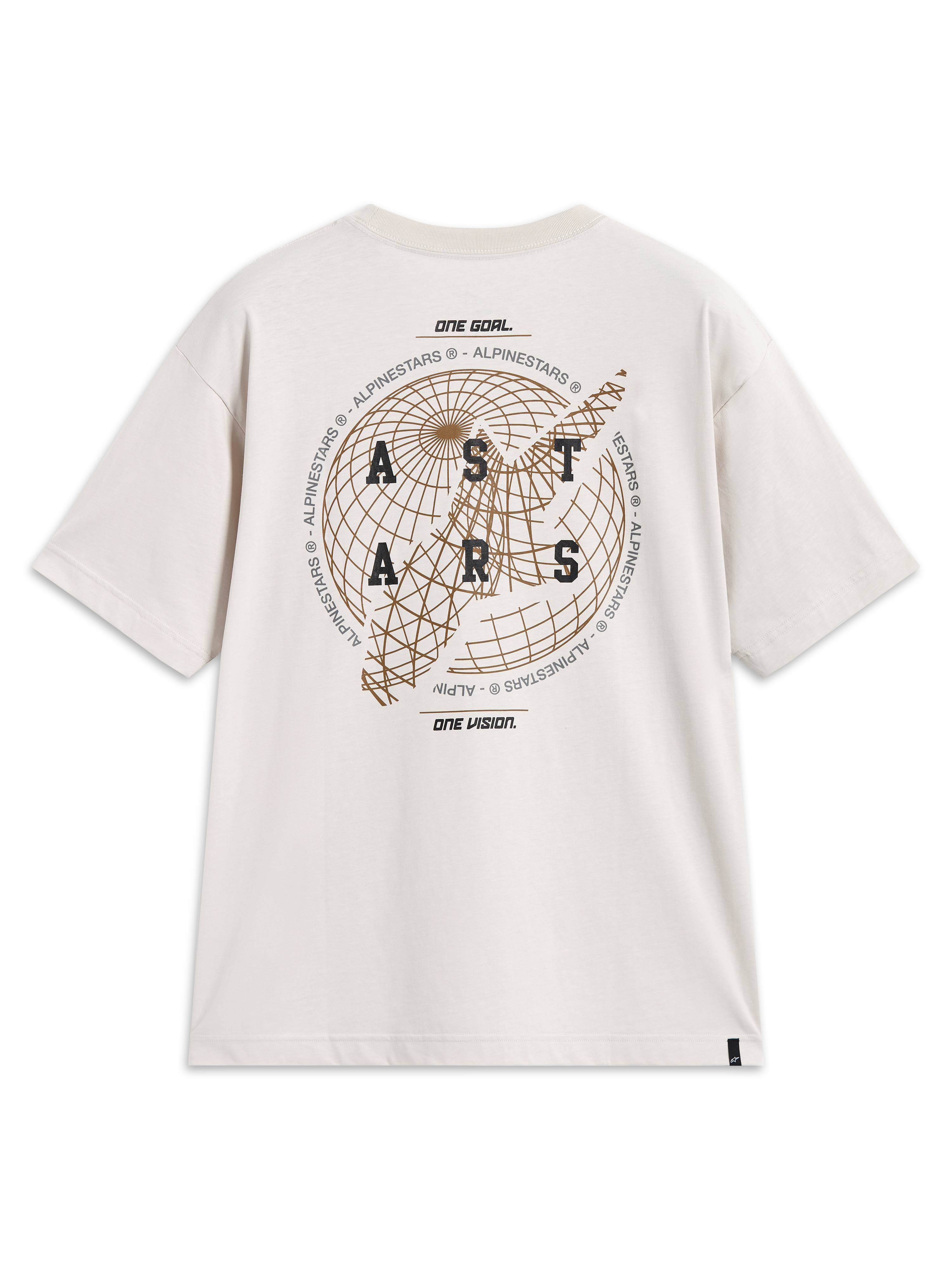 Alpinestars Latitude Oversized CSF Tee, maglietta a maniche corte, beige cemento, con grande grafica posteriore a globo e logo Astars, abbigliamento casual ispirato al motorsport