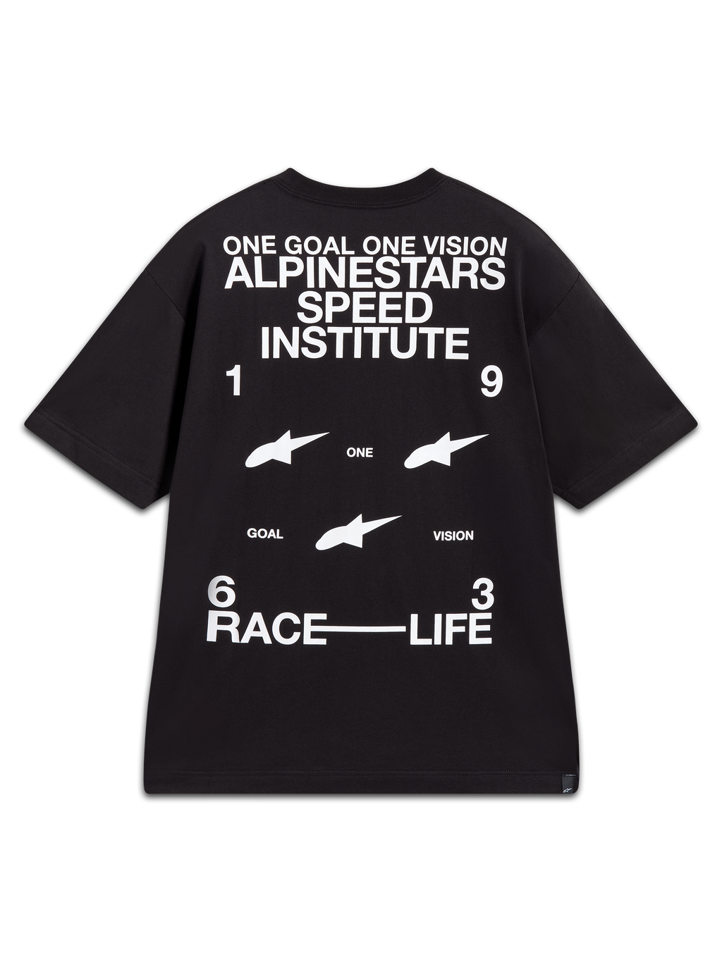 Alpinestars Institute Oversized CSF Tee, maglietta a maniche corte nera con grafica bianca Speed Institute sul retro e slogan racing.