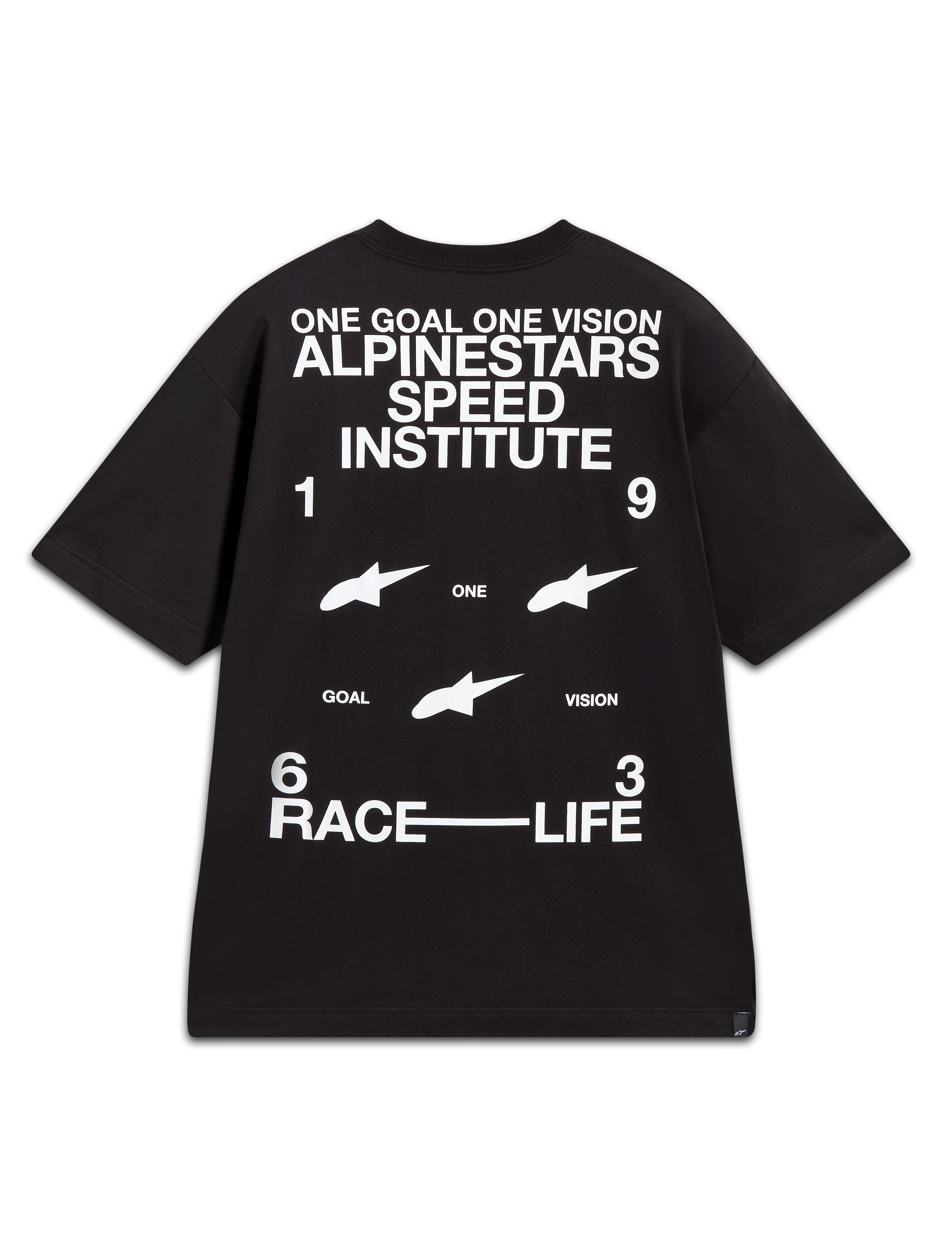 Alpinestars Institute Oversized CSF Tee, maglietta a maniche corte nera con grafica bianca Speed Institute sul retro e slogan racing.