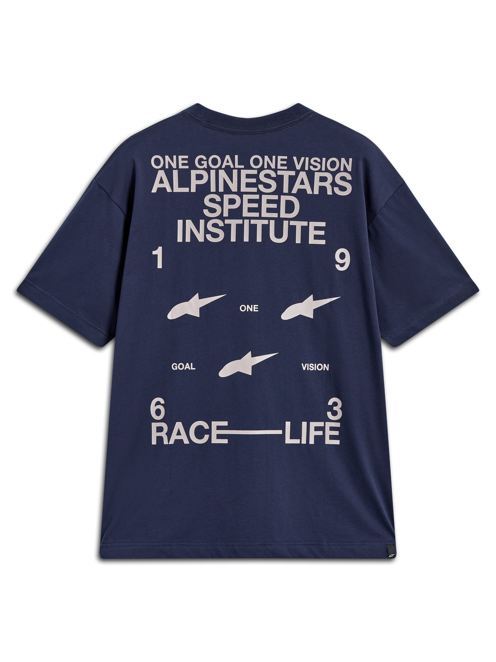 Alpinestars Institute Oversized SS CSF Tee, maglietta a maniche corte da uomo, blu, vestibilità oversized, ampia grafica posteriore bianca ispirata al racing con scritte One Goal One Vision e Speed Institute, stile casual motorsport