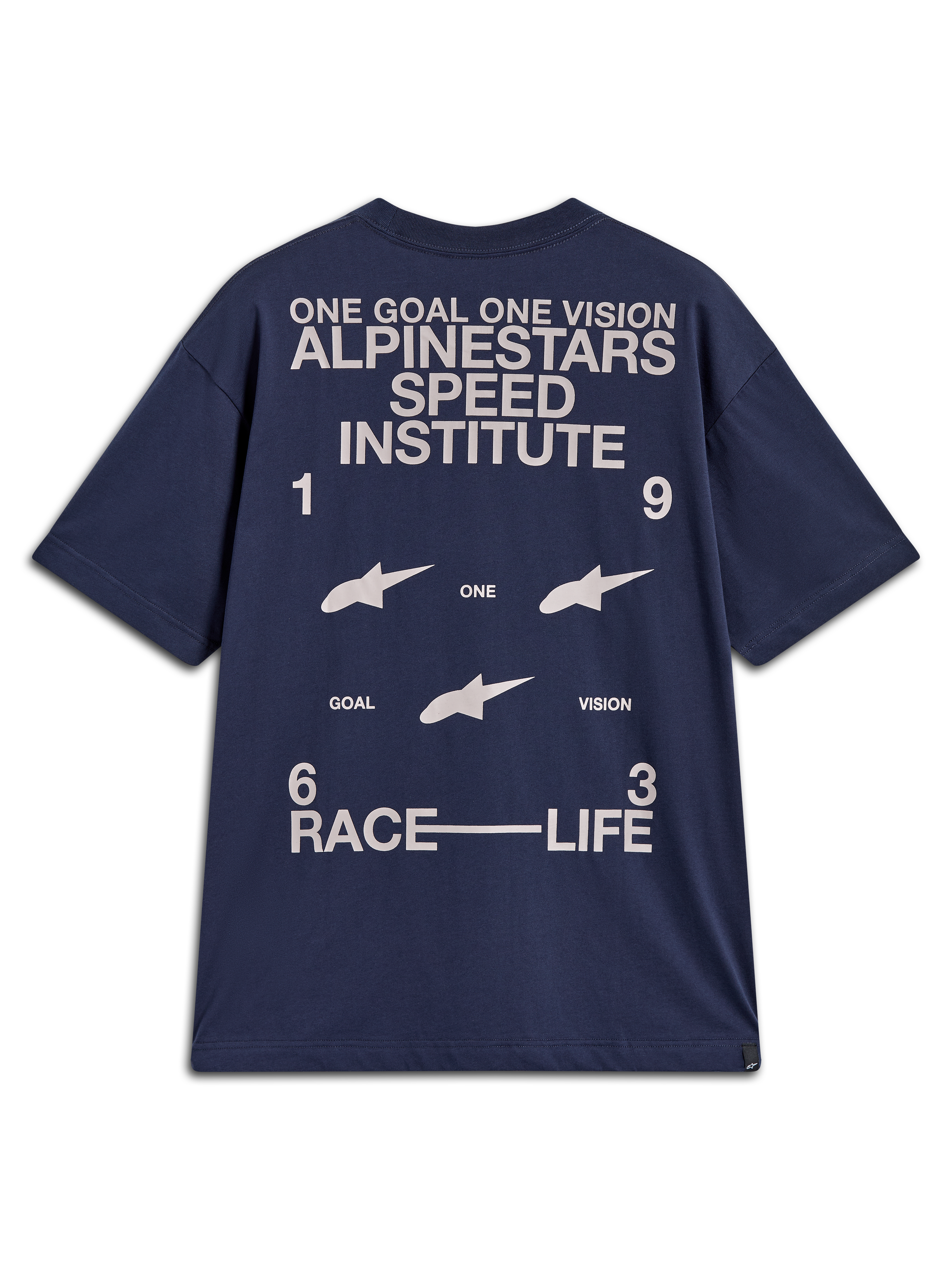 Alpinestars Institute Oversized SS CSF Tee, maglietta a maniche corte da uomo, blu, vestibilità oversized, ampia grafica posteriore bianca ispirata al racing con scritte One Goal One Vision e Speed Institute, stile casual motorsport