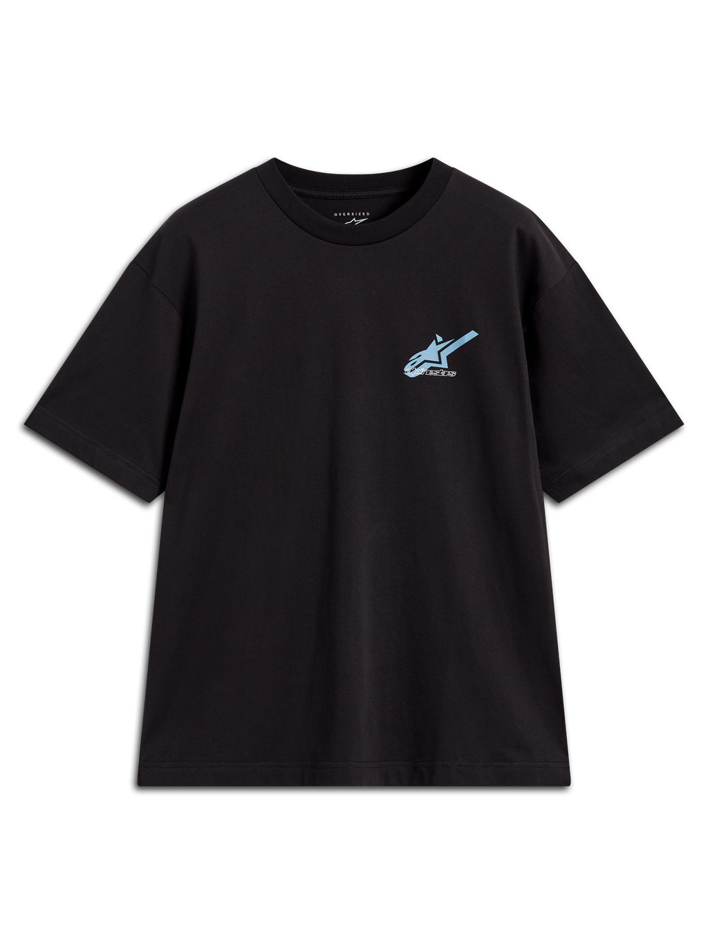 Alpinestars Ghost Oversized CSF Tee, maglietta a maniche corte nera con logo frontale azzurro, abbigliamento sportswear casual.