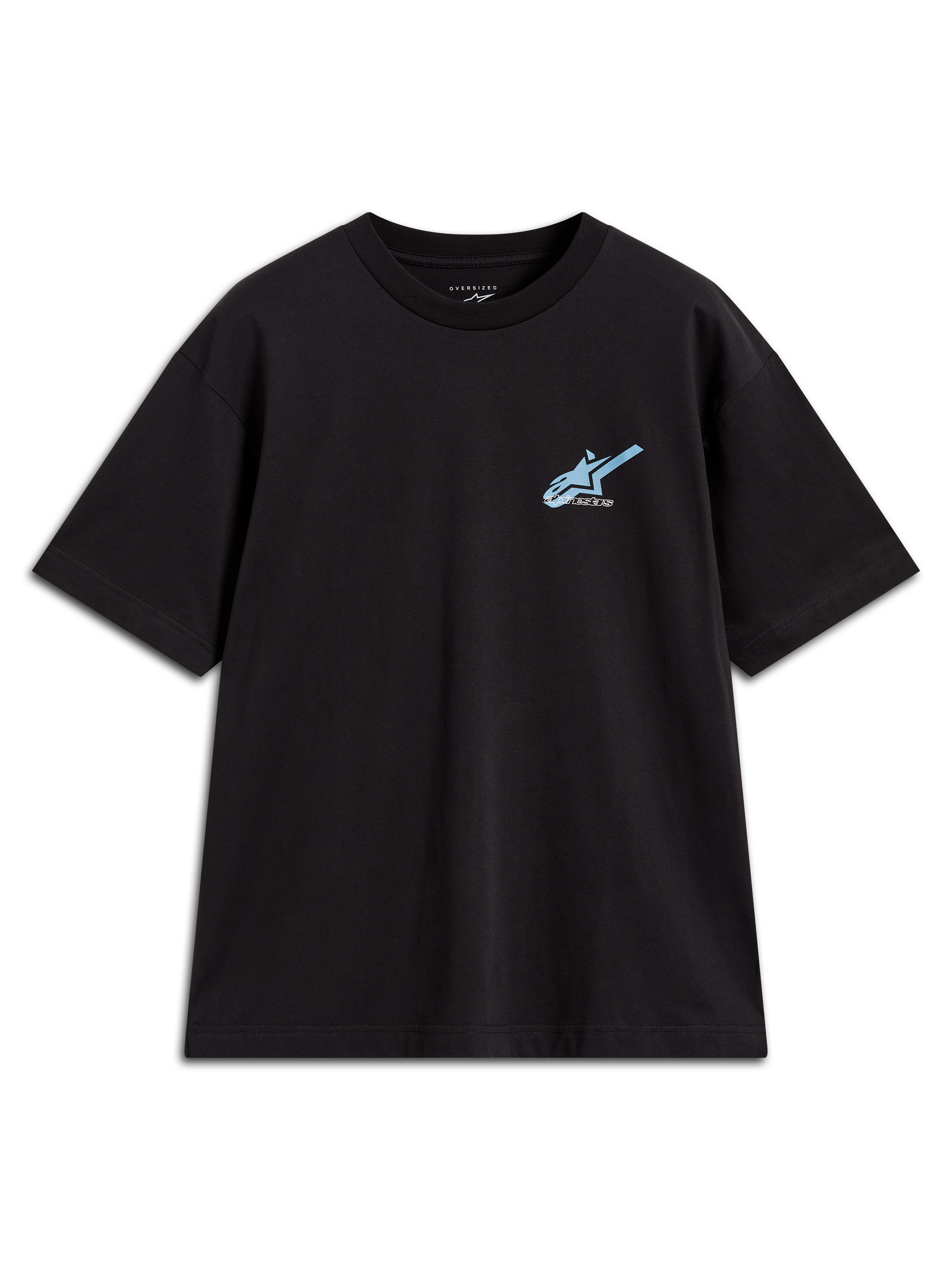 Alpinestars Ghost Oversized CSF Tee, maglietta a maniche corte nera con logo frontale azzurro, abbigliamento sportswear casual.