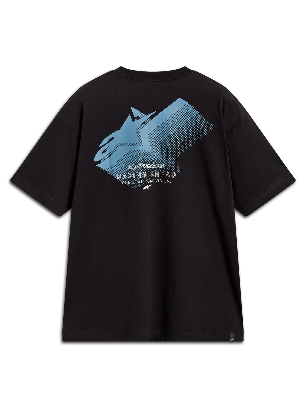 Alpinestars Ghost Oversized CSF Tee, maglietta a maniche corte nera con grafica posteriore blu sfumata e scritta Racing Ahead.
