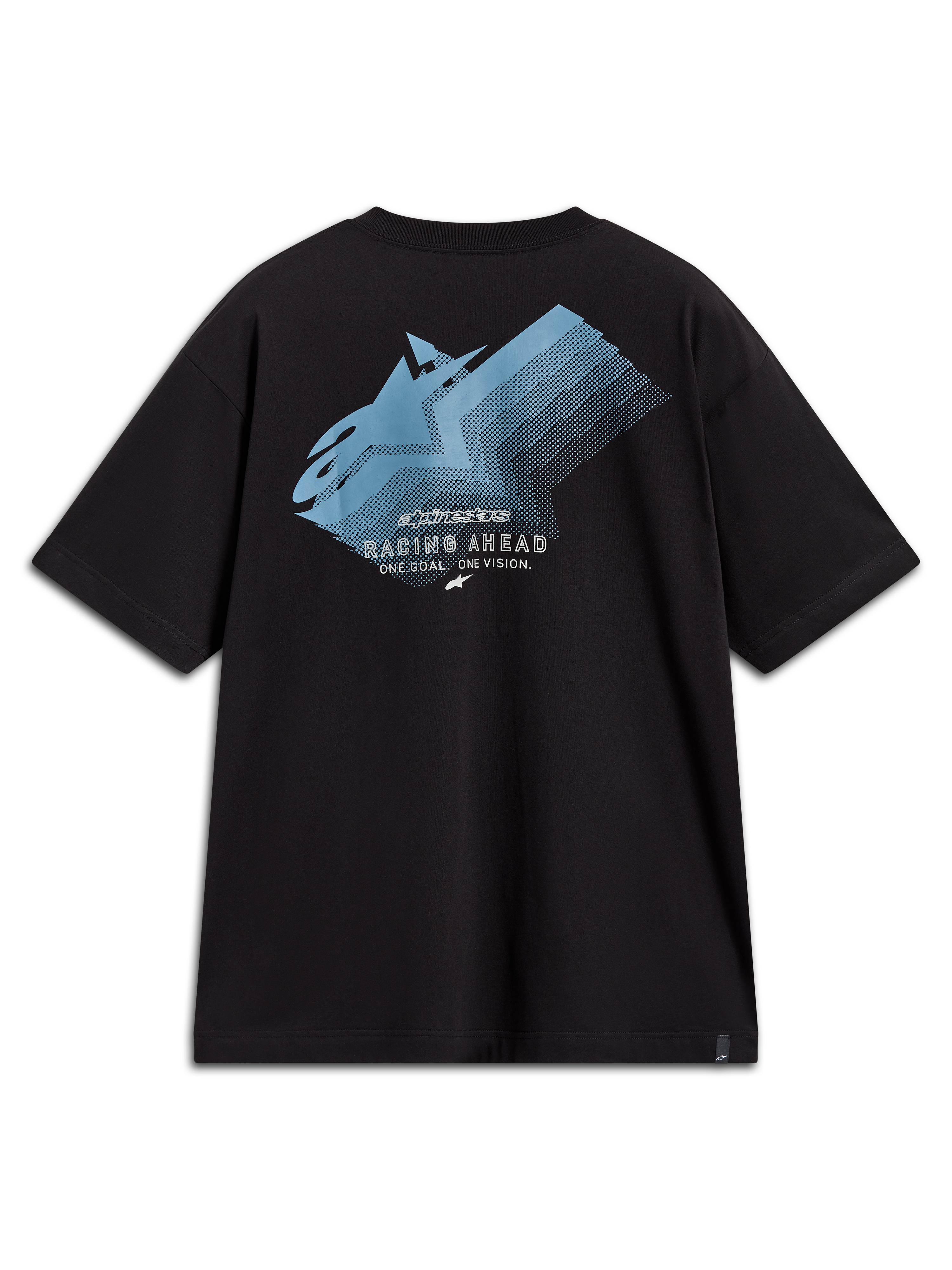 Alpinestars Ghost Oversized CSF Tee, maglietta a maniche corte nera con grafica posteriore blu sfumata e scritta Racing Ahead.