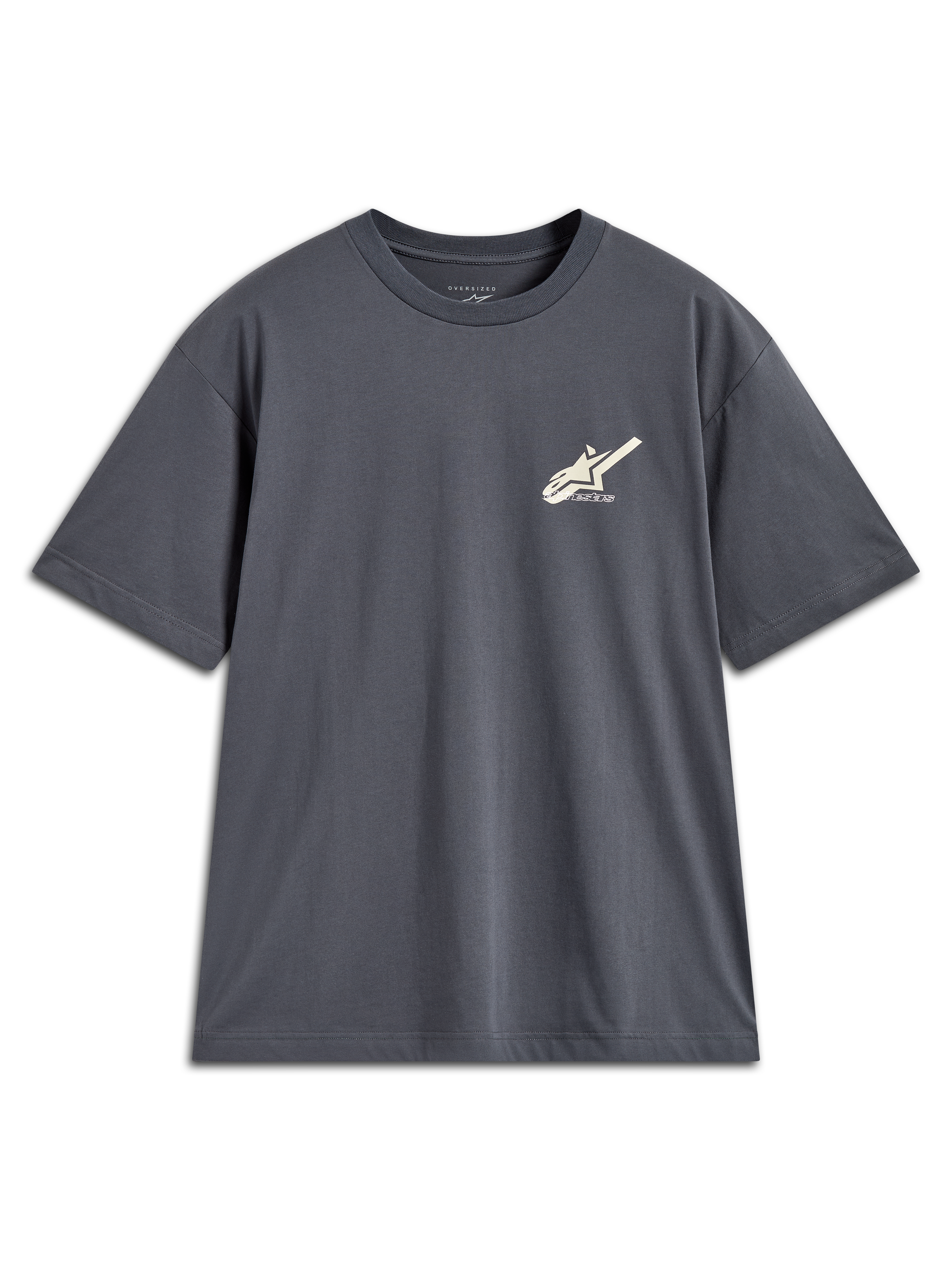 Alpinestars Ghost Oversized CSF Tee, maglietta a maniche corte grigio antracite con piccolo logo sul petto, stile sportswear.