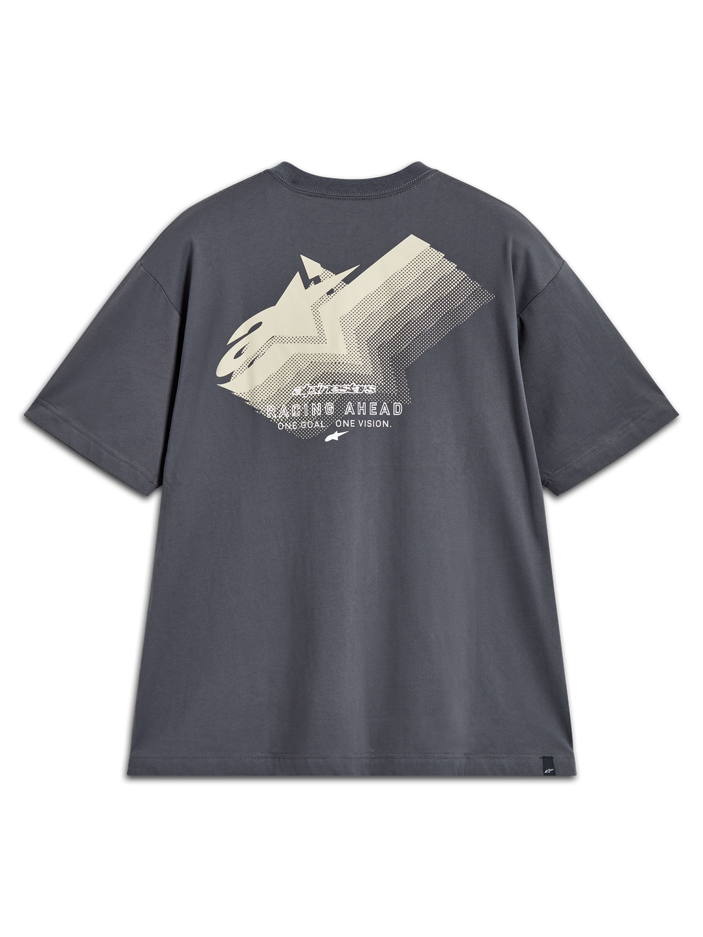 Alpinestars Ghost Oversized CSF Tee, maglietta a maniche corte grigio antracite, vista posteriore con grande grafica logo sfumata bianco sporco e scritta Racing Ahead