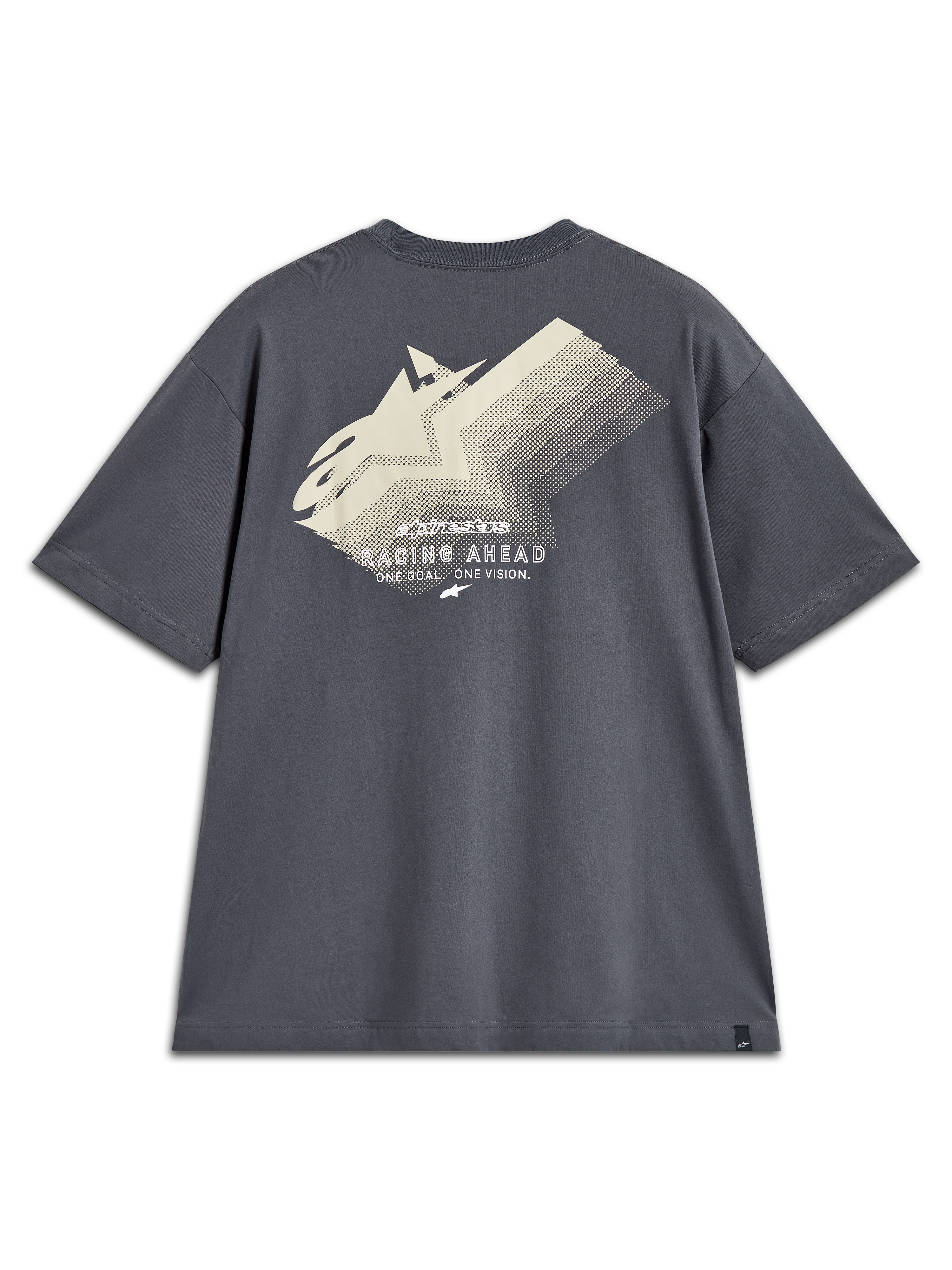 Alpinestars Ghost Oversized CSF Tee, maglietta a maniche corte grigio antracite, vista posteriore con grande grafica logo sfumata bianco sporco e scritta Racing Ahead