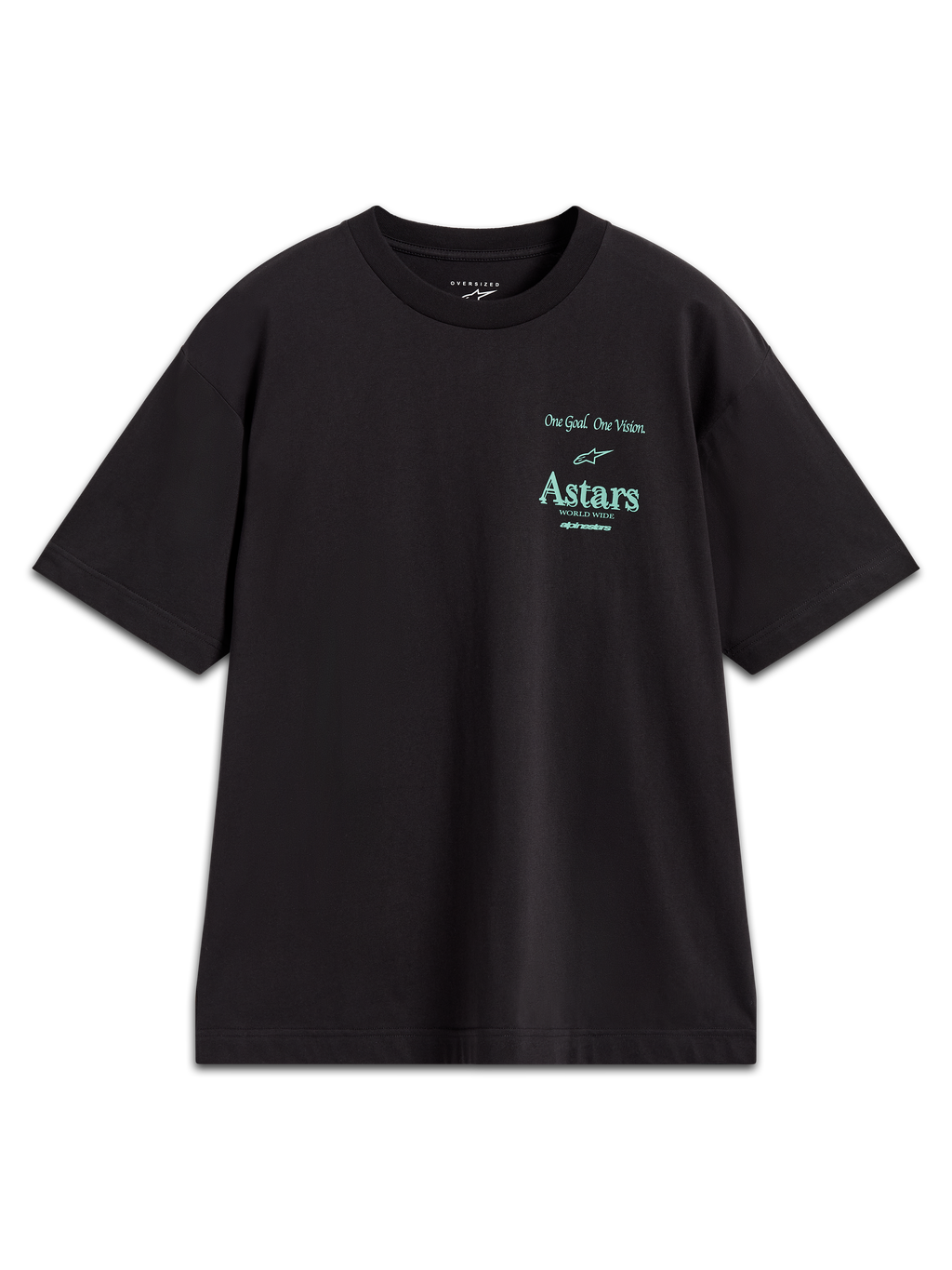 Alpinestars Post Oversized CSF Tee, maglietta a maniche corte in misto cotone nero con logo Astars ottanio e slogan One Goal One Vision, abbigliamento casual motorsport