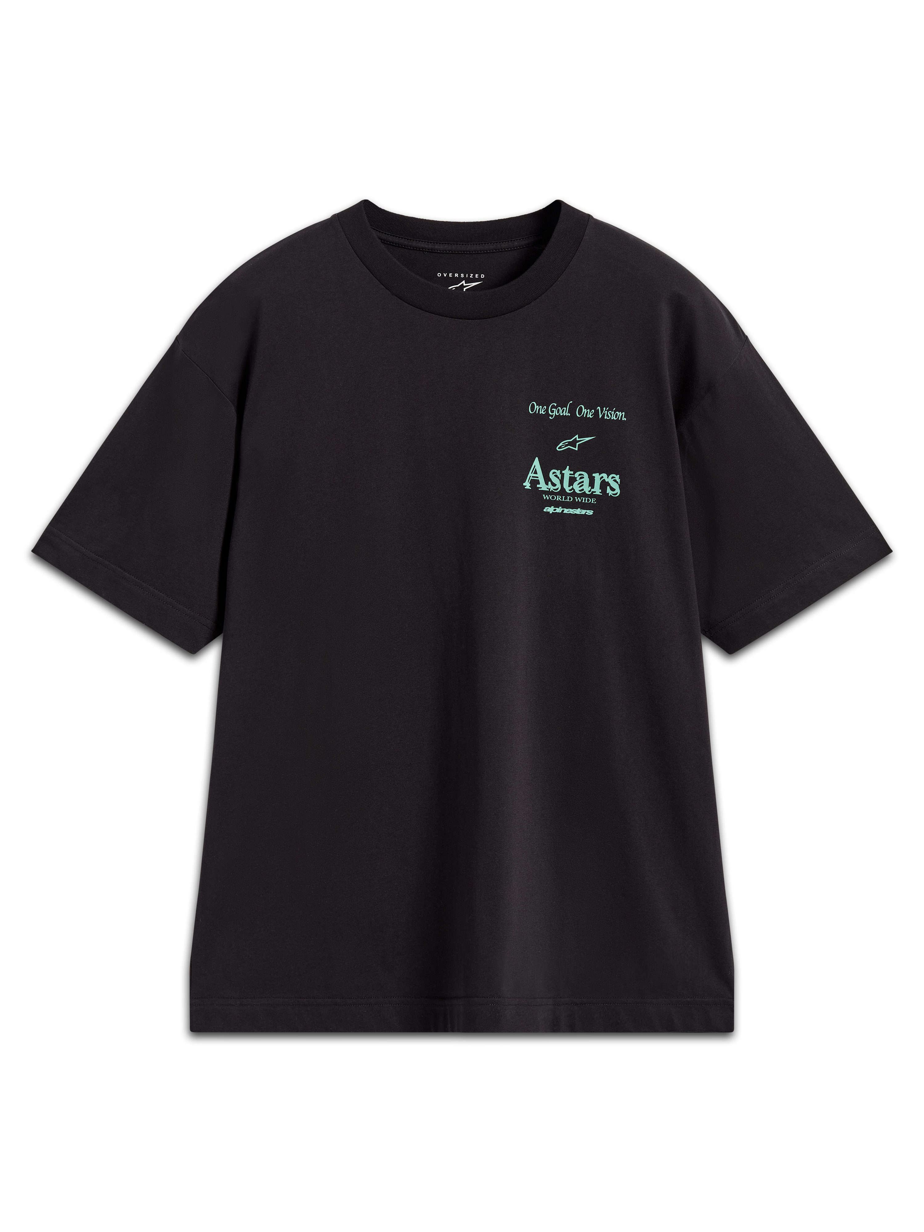 Alpinestars Post Oversized CSF Tee, maglietta a maniche corte in misto cotone nero con logo Astars ottanio e slogan One Goal One Vision, abbigliamento casual motorsport