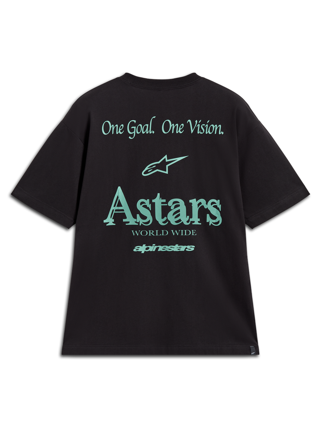 Alpinestars Post Oversized CSF Tee, maglietta sportswear, nero e ottanio, vista posteriore con grafiche One Goal One Vision e Astars.