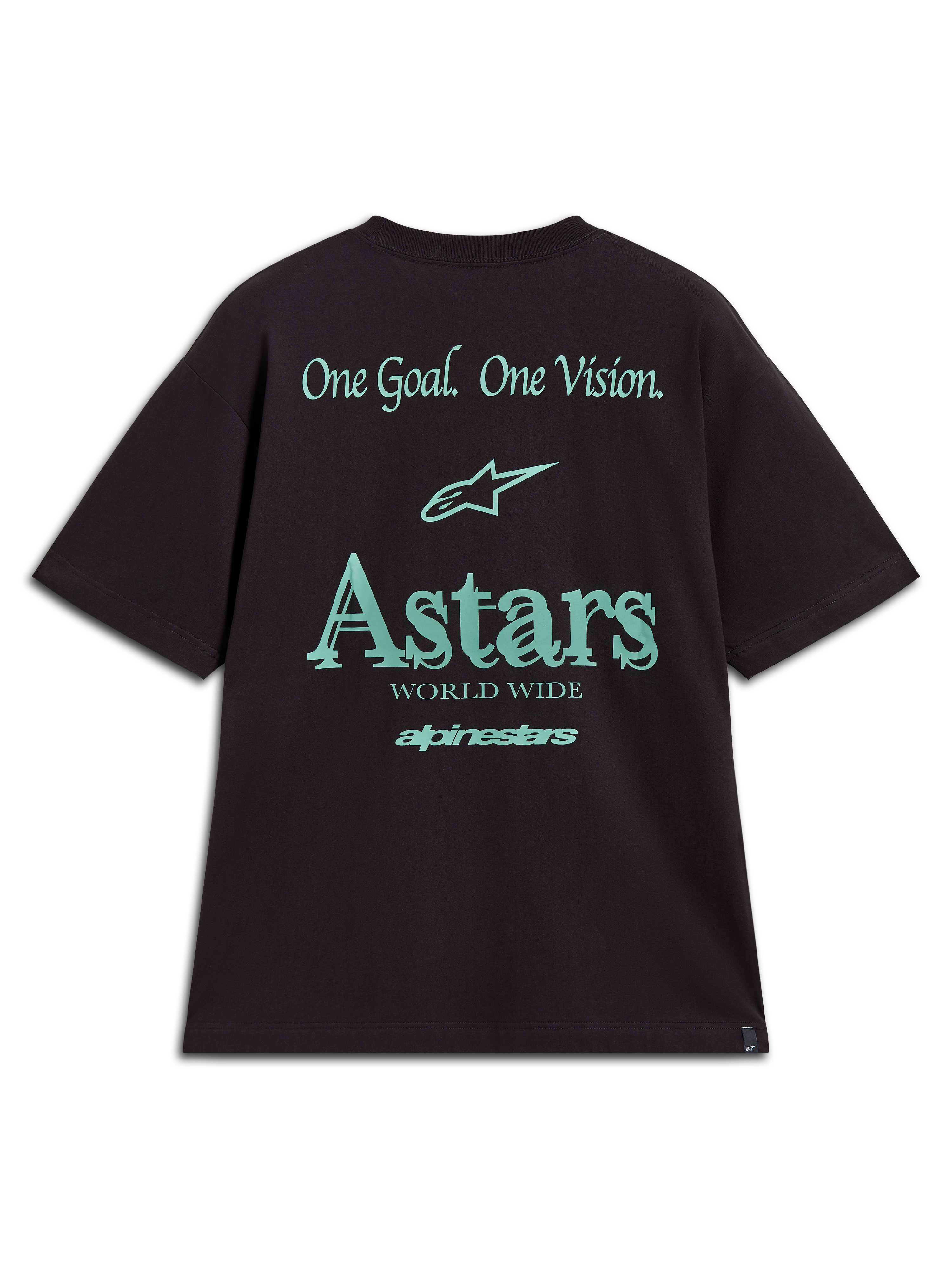 Alpinestars Post Oversized CSF Tee, maglietta sportswear, nero e ottanio, vista posteriore con grafiche One Goal One Vision e Astars.