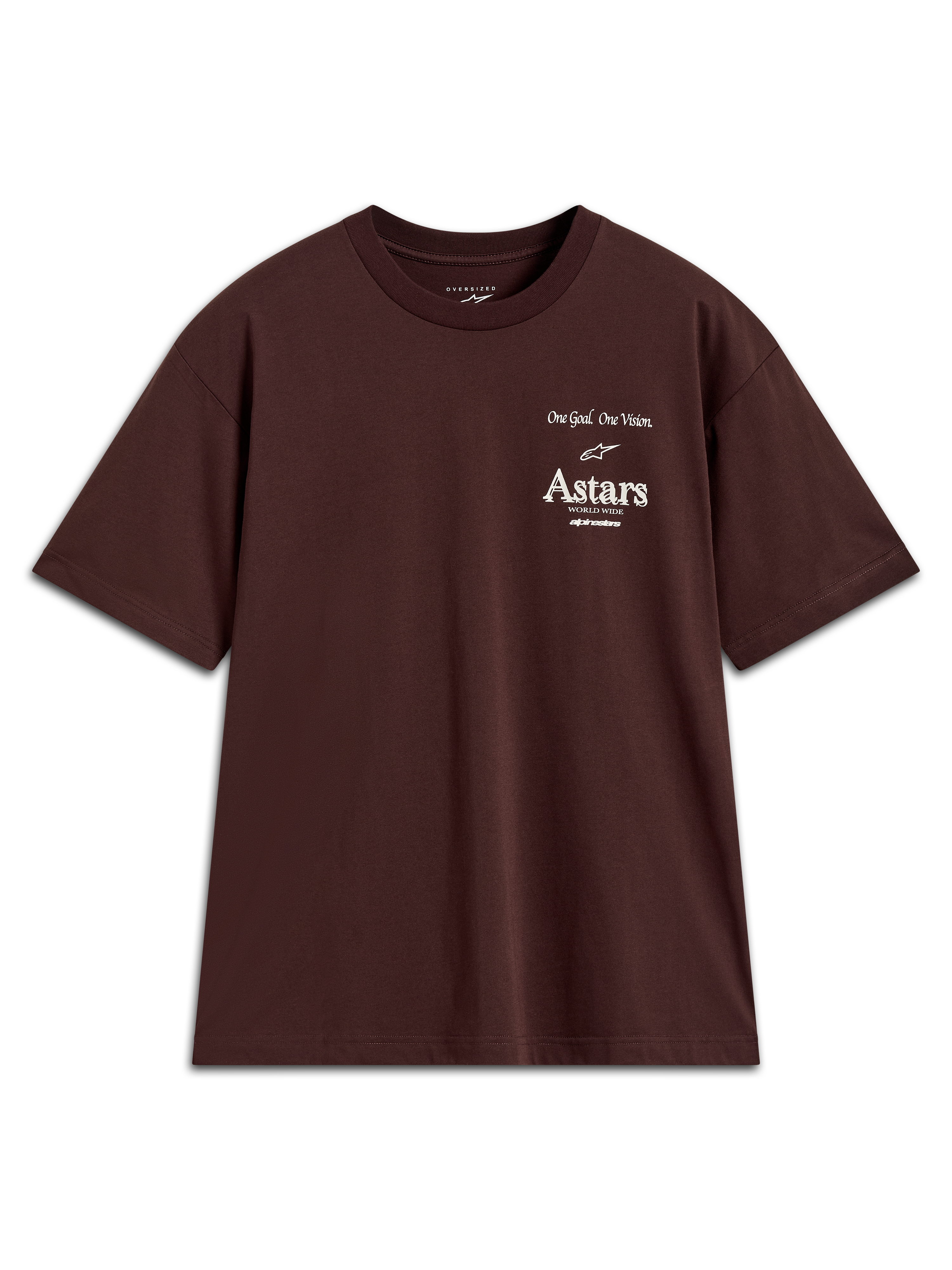 Alpinestars Post Oversized CSF Tee, maglietta a maniche corte marrone, vestibilità ampia con logo Astars bianco sul petto.
