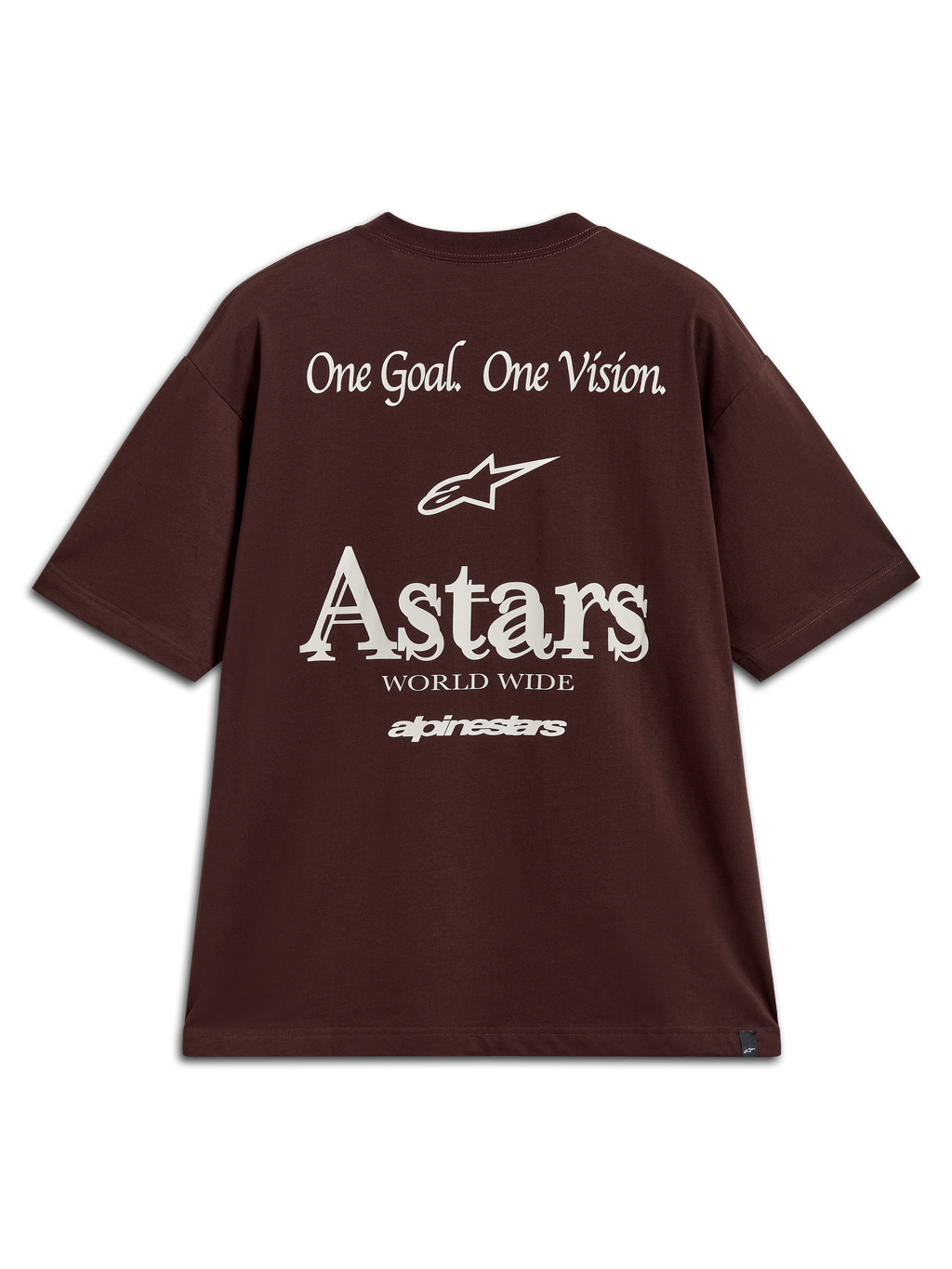 Alpinestars Post Oversized CSF Tee, maglietta a maniche corte da uomo, marrone, con grafica posteriore bianca Astars World Wide e One Goal One Vision, stile sportswear.