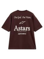 Alpinestars Post Oversized CSF Tee, maglietta a maniche corte da uomo, marrone, con grafica posteriore bianca Astars World Wide e One Goal One Vision, stile sportswear.