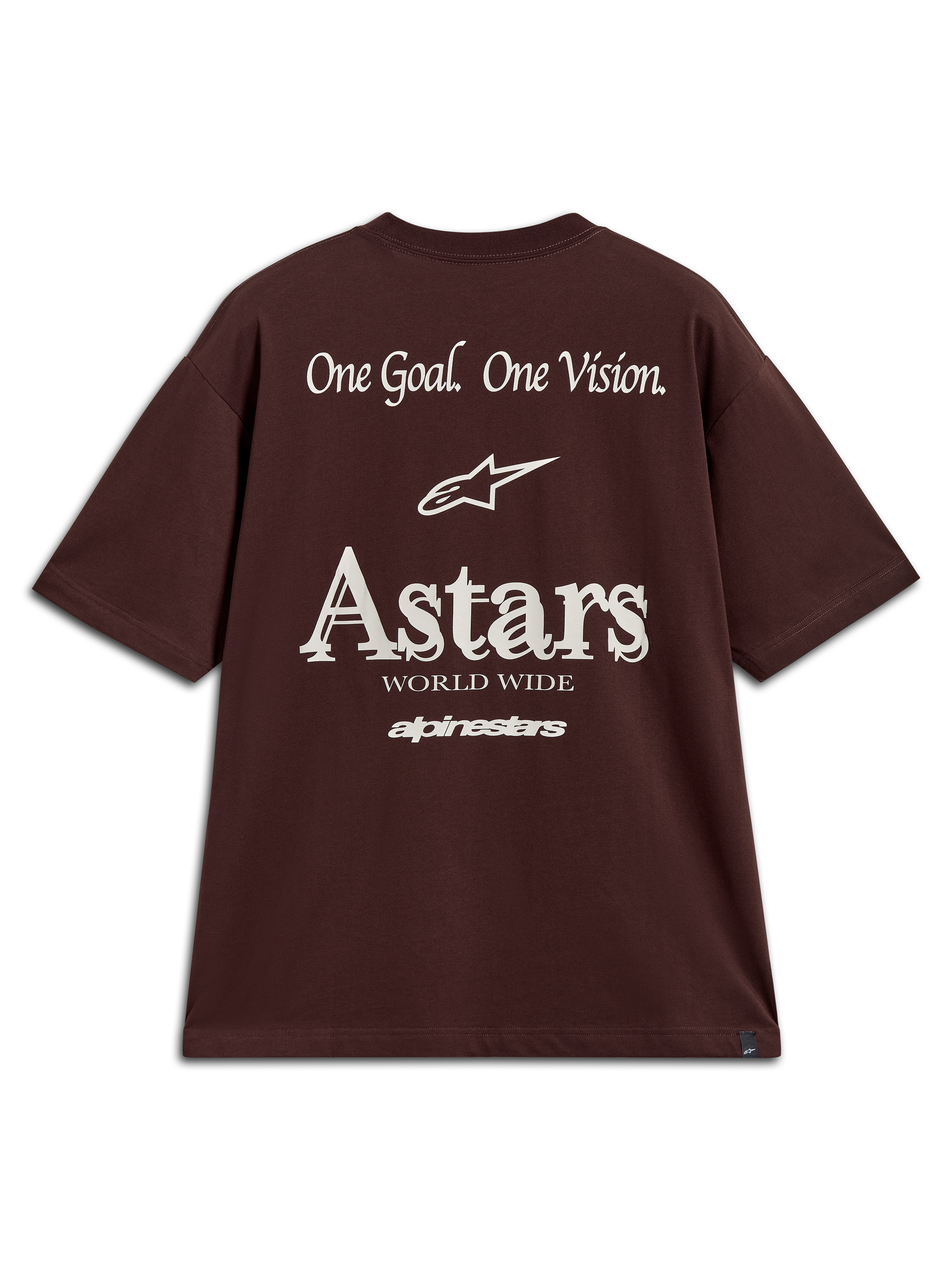 Alpinestars Post Oversized CSF Tee, maglietta a maniche corte da uomo, marrone, con grafica posteriore bianca Astars World Wide e One Goal One Vision, stile sportswear.