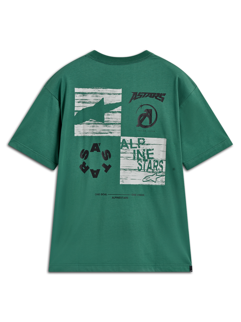 Alpinestars Checkback Oversized CSF Tee, maglietta a maniche corte verde con grande grafica multi-pannello sul retro, loghi Astars e Alpinestars neri, abbigliamento casual motorsport.