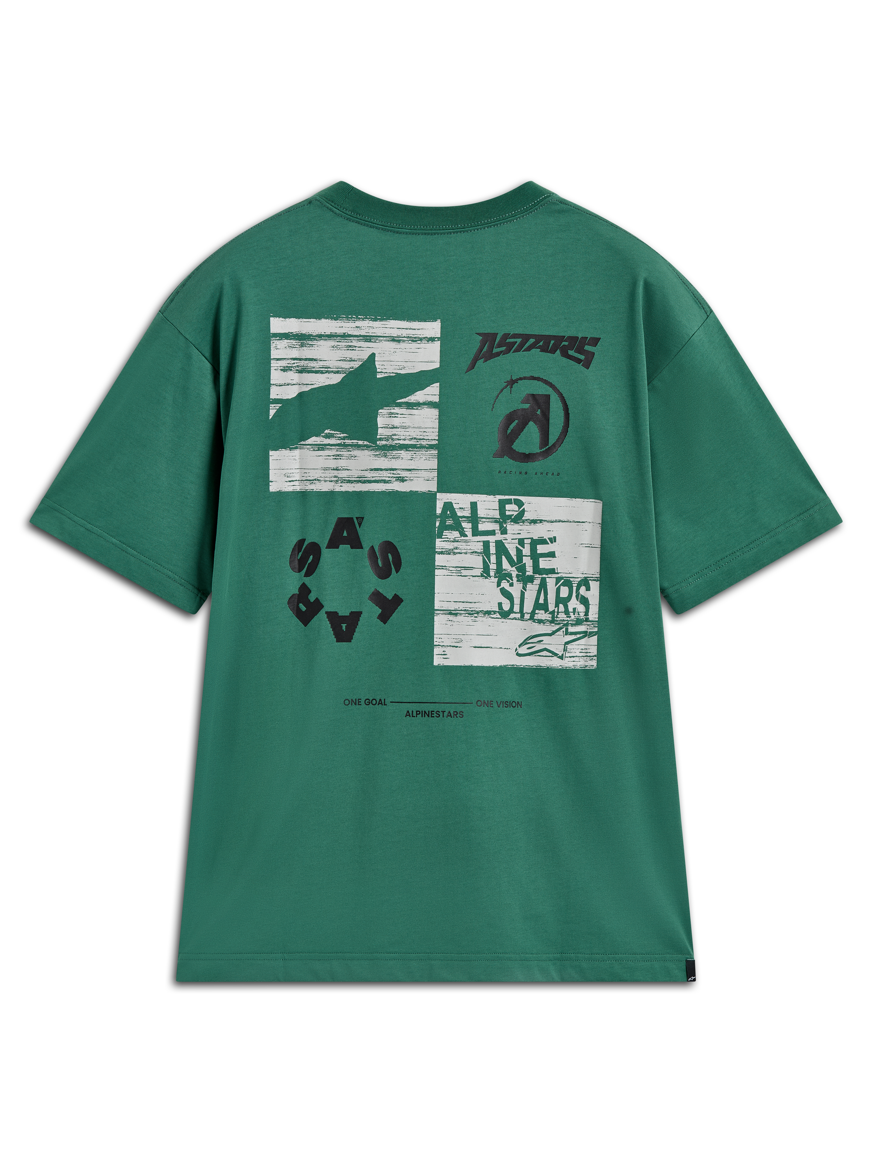 Alpinestars Checkback Oversized CSF Tee, maglietta a maniche corte verde con grande grafica multi-pannello sul retro, loghi Astars e Alpinestars neri, abbigliamento casual motorsport.
