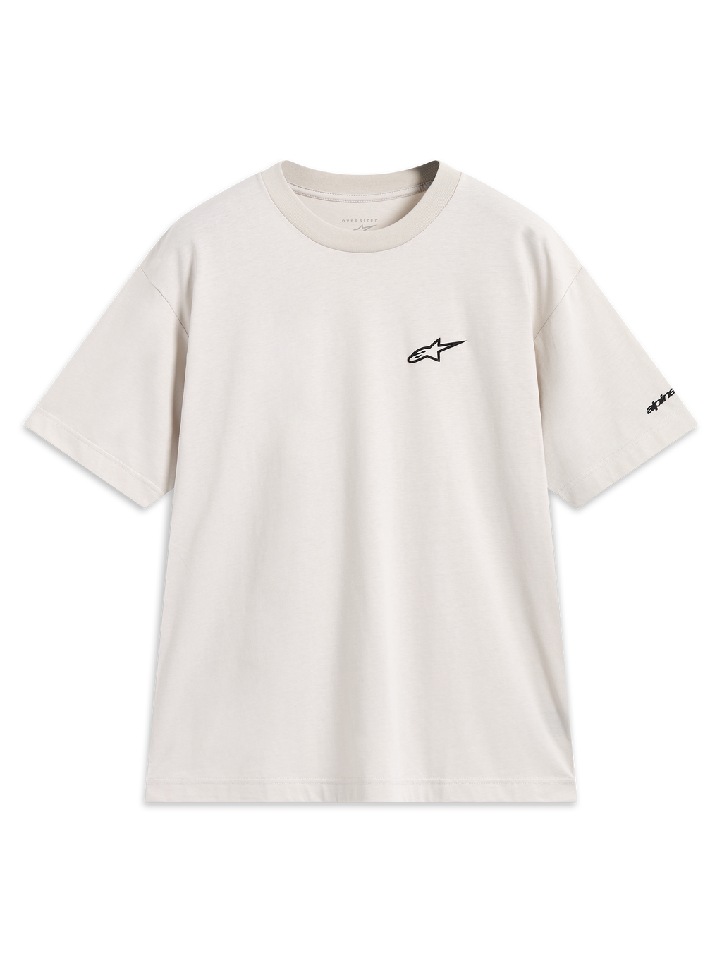 Alpinestars Mandate Oversized CSF Tee, maglietta a maniche corte beige sabbia con logo puff print nero sul petto e grafica sulla manica, vestibilità oversized, stile sportswear casual.