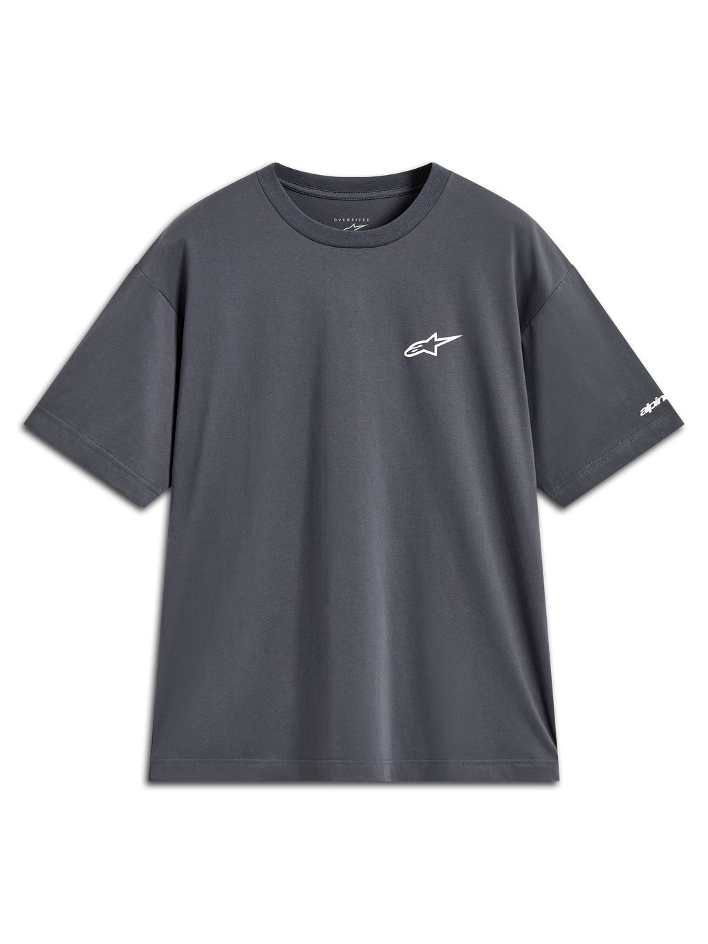 Alpinestars Mandate Oversized CSF Tee, maglietta a maniche corte grigio antracite con logo Astars bianco e grafica sulla manica.