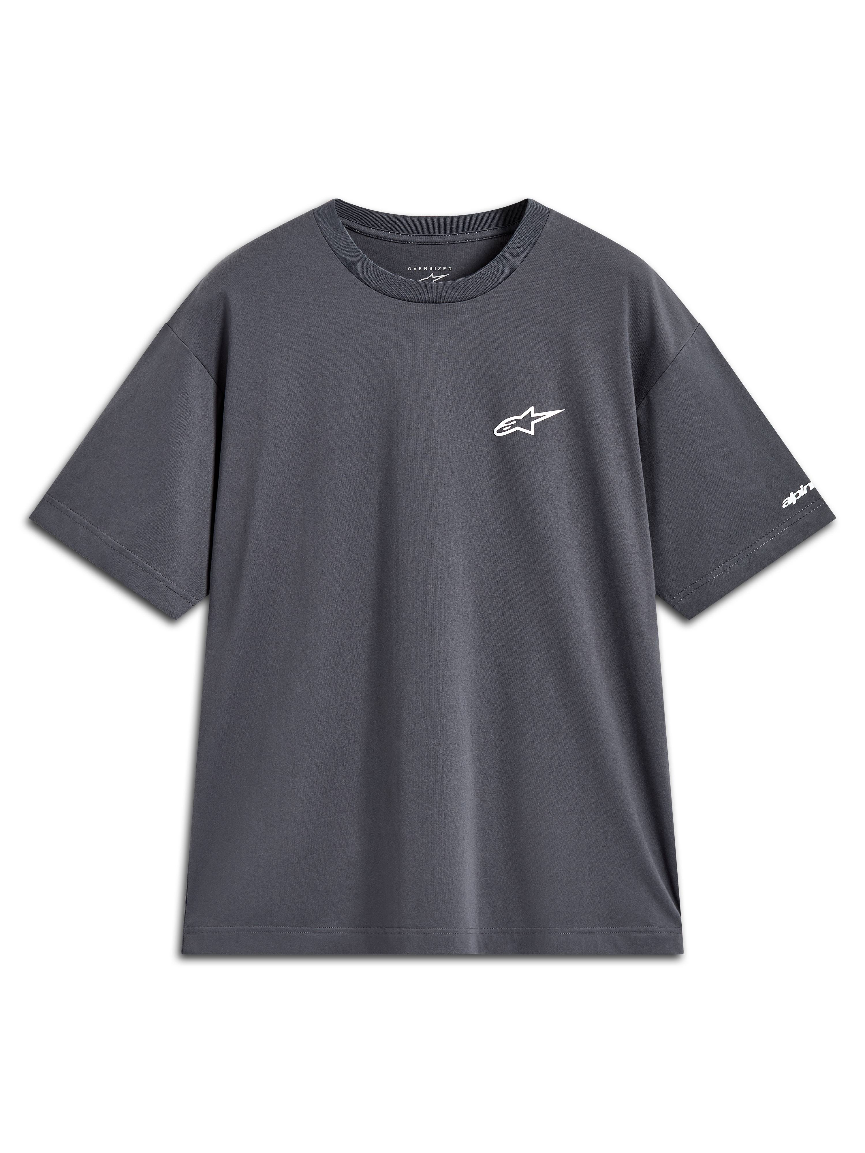 Alpinestars Mandate Oversized CSF Tee, maglietta a maniche corte grigio antracite con logo Astars bianco e grafica sulla manica.