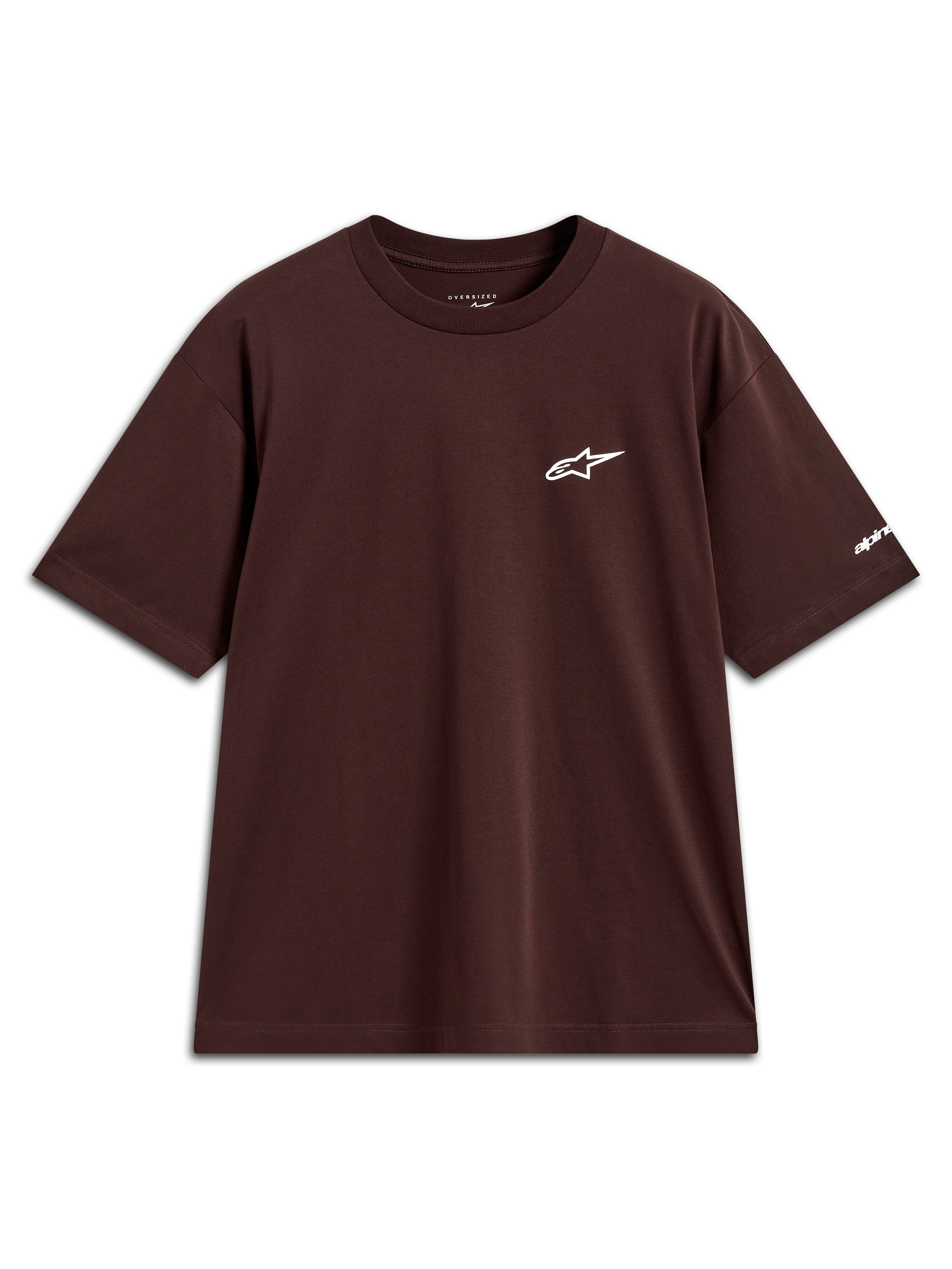 Alpinestars Mandate Oversized CSF Tee, maglietta a maniche corte marrone con logo Astars bianco puff print sul petto, vestibilità ampia stile sportswear, abbigliamento casual ispirato al motorsport