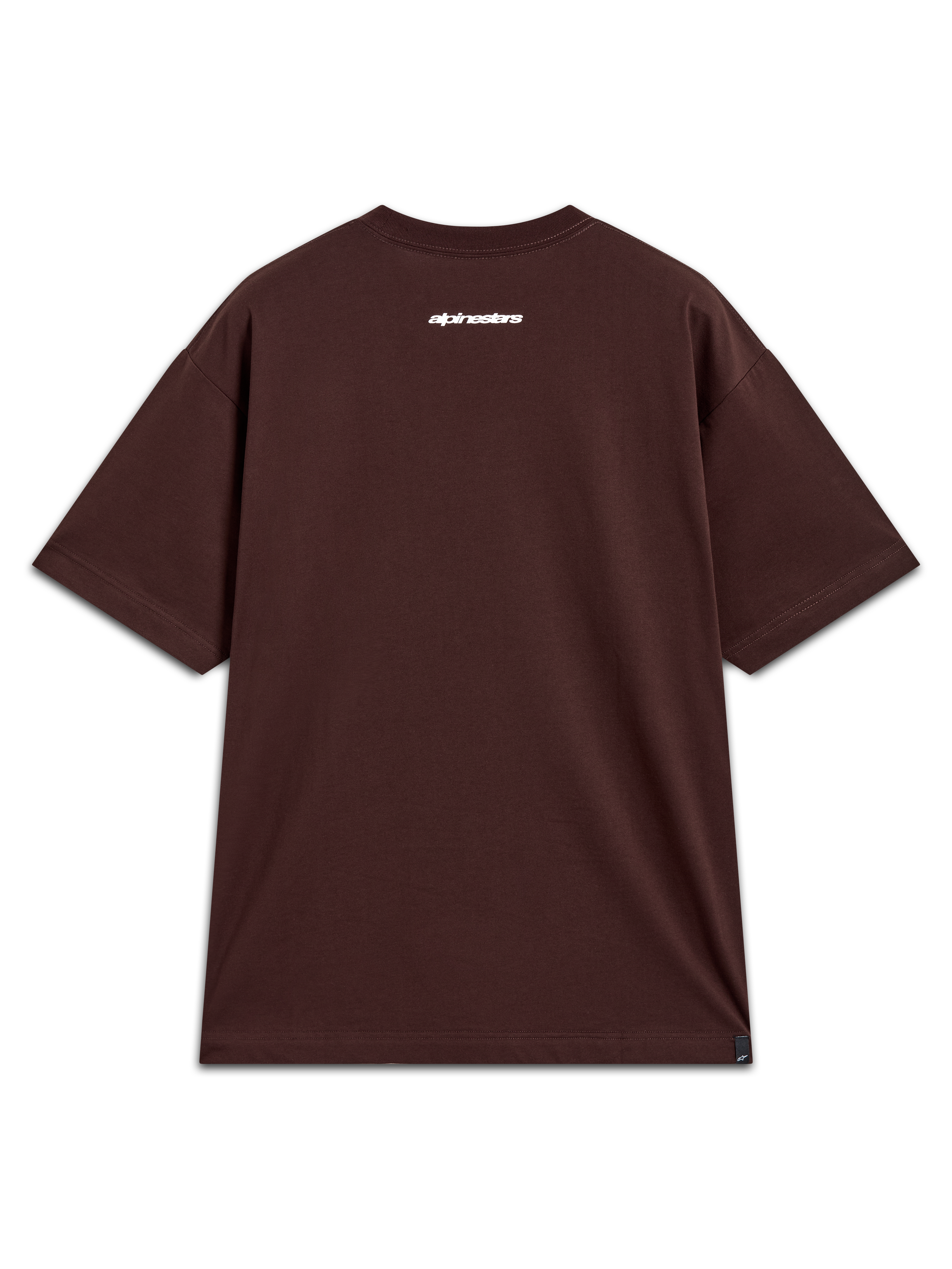 Alpinestars Mandate Oversized CSF Tee, maglietta a maniche corte marrone, vestibilità oversized, piccola scritta Alpinestars bianca sul retro, abbigliamento casual ispirato al motorsport