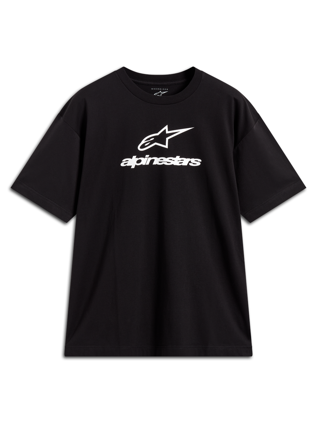 Alpinestars Prelude Oversized CSF Tee, maglietta a maniche corte, nero, con logo Astars bianco impilato sul petto, abbigliamento sportswear casual ispirato al motorsport