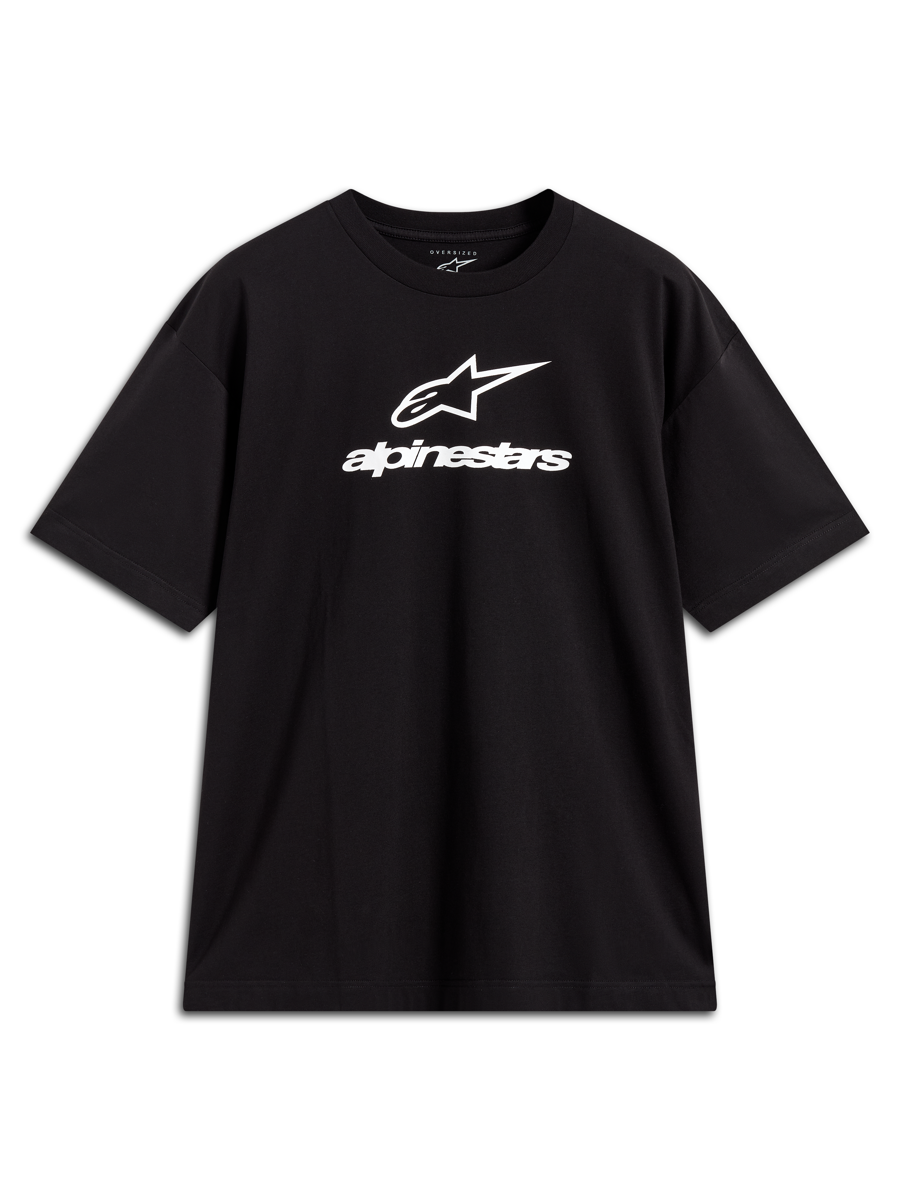 Alpinestars Prelude Oversized CSF Tee, maglietta a maniche corte, nero, con logo Astars bianco impilato sul petto, abbigliamento sportswear casual ispirato al motorsport