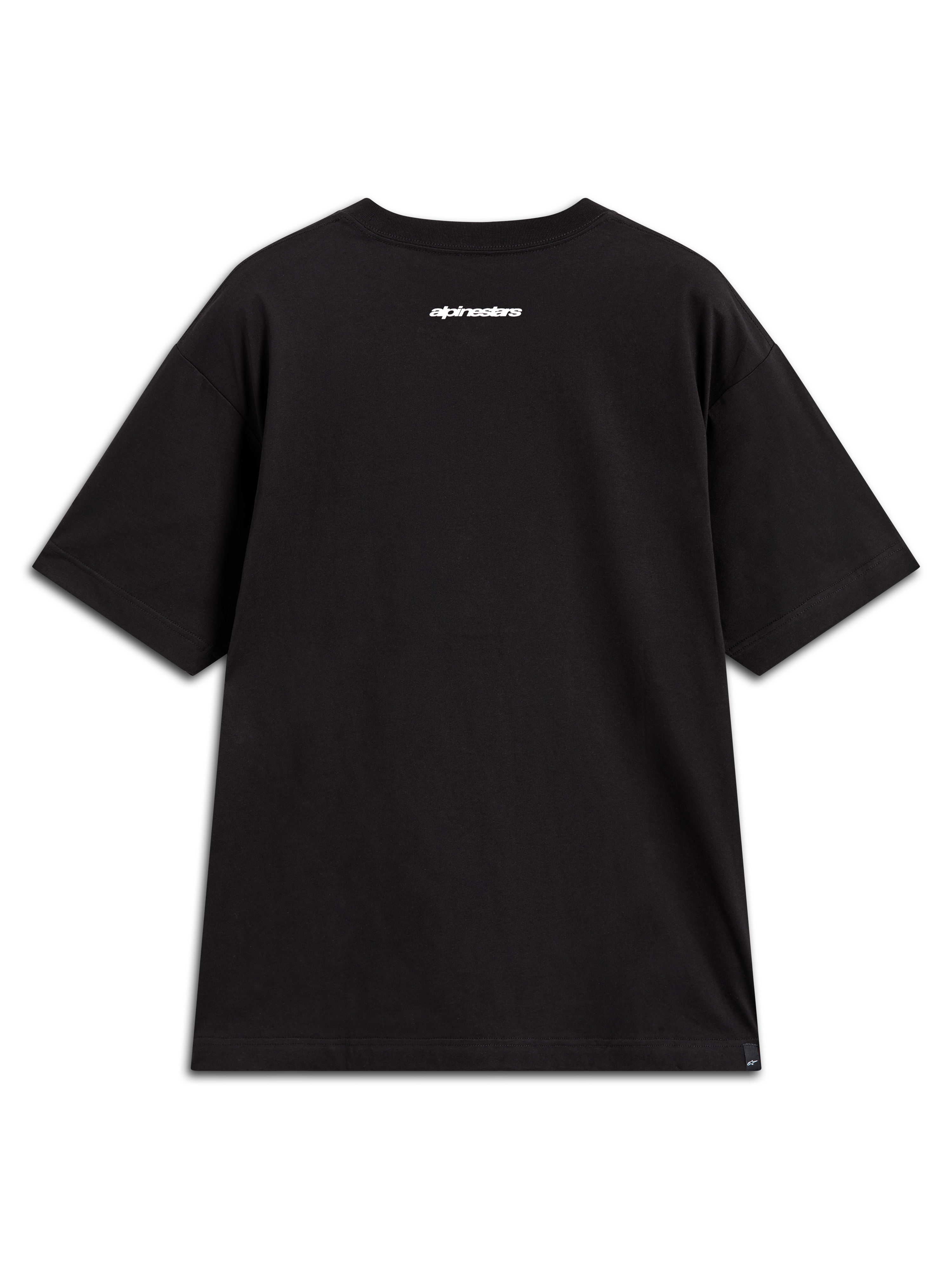 Alpinestars Prelude Oversized CSF Tee, maglietta a maniche corte nera, grafica con scritta bianca sul retro, vestibilità ampia, abbigliamento sportivo casual