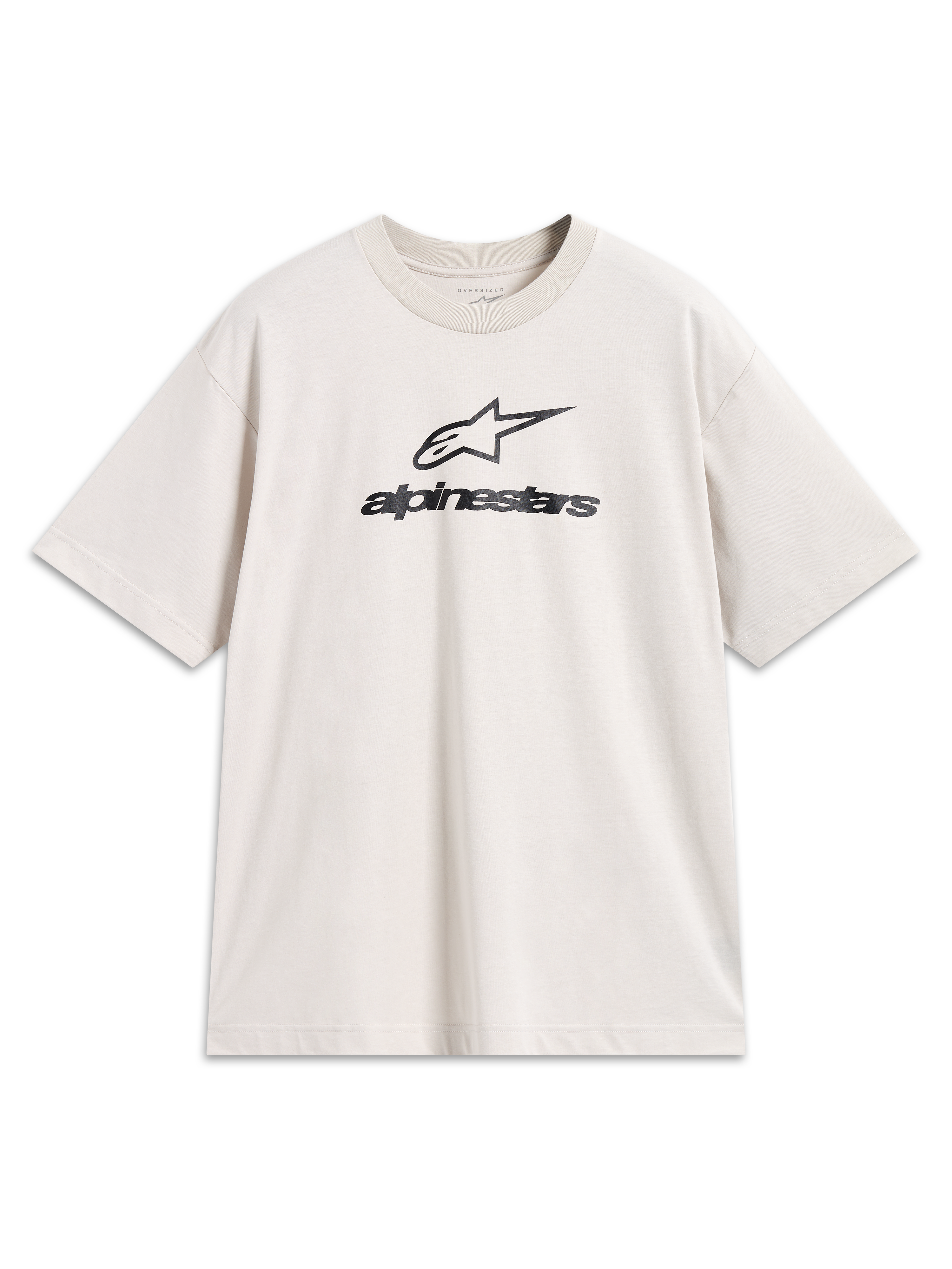Alpinestars Prelude Oversized CSF Tee, maglietta a maniche corte, beige con loghi neri sovrapposti, in misto cotone e poliestere, stile streetwear casual