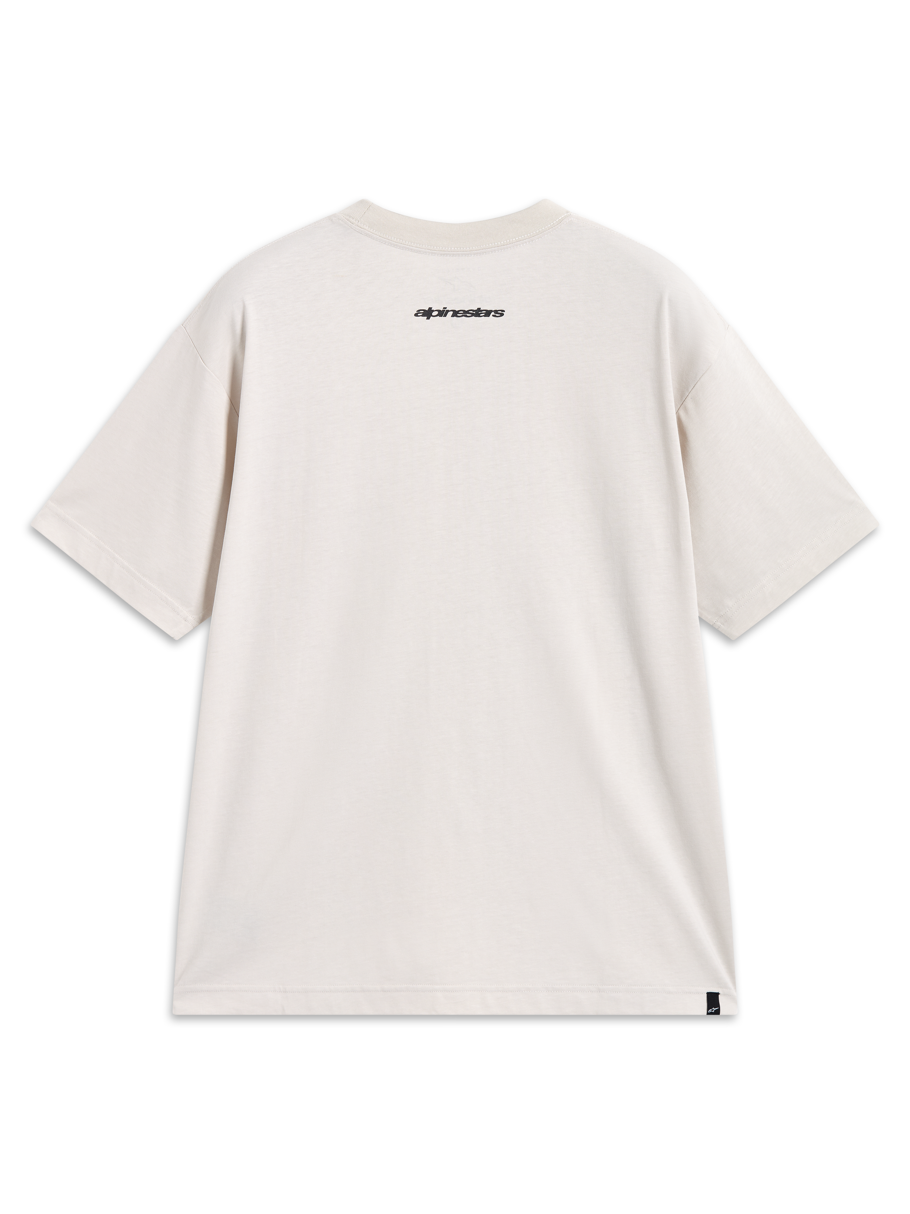 Alpinestars Prelude Oversized CSF Tee, maglietta a maniche corte, sabbia, vista posteriore con grafica del logo nero sul collo, vestibilità oversized, abbigliamento sportswear.