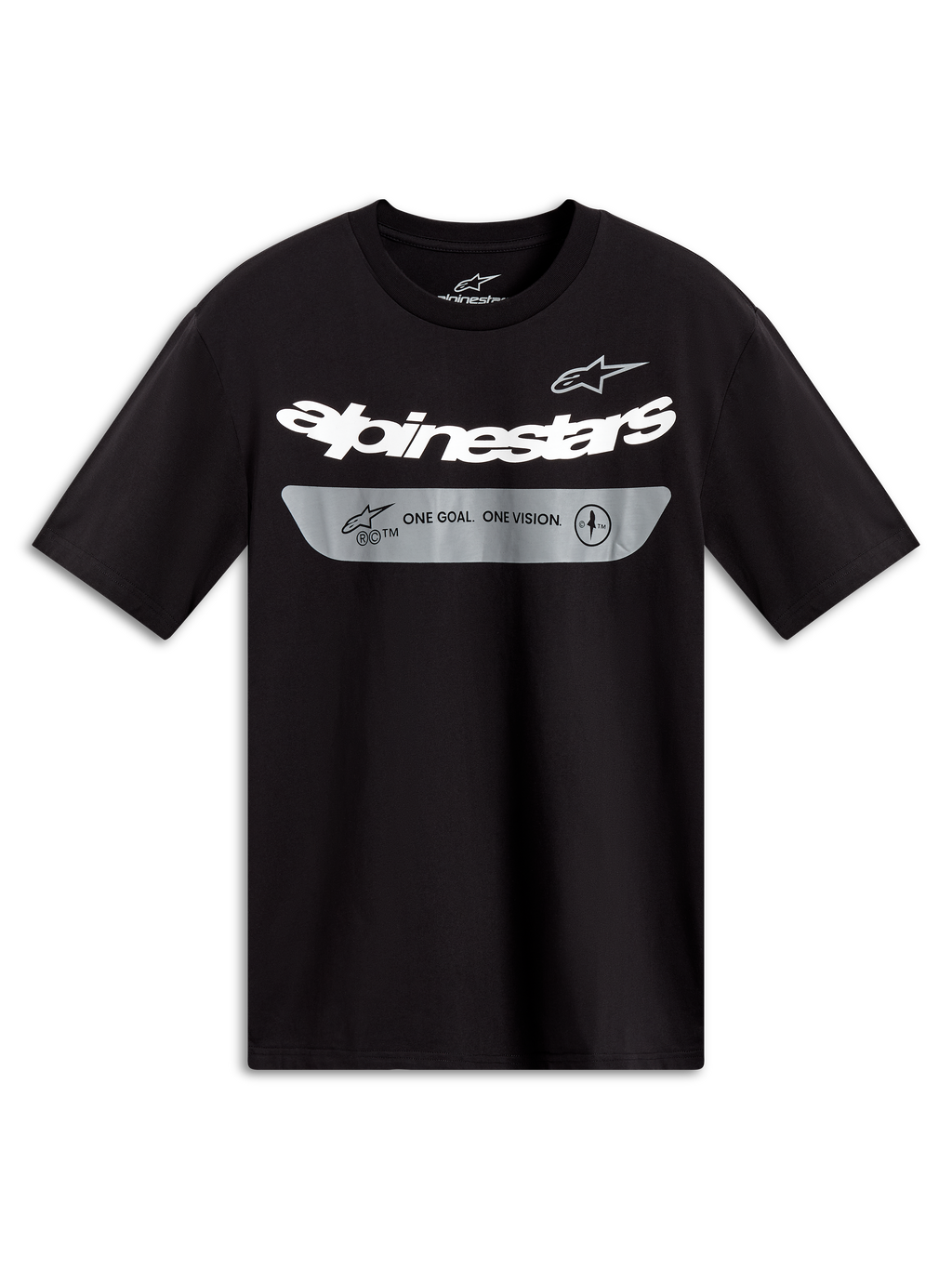 Alpinestars Singular CSF Tee, maglietta a maniche corte nera, logo bianco e slogan grigio One Goal One Vision, sportswear
