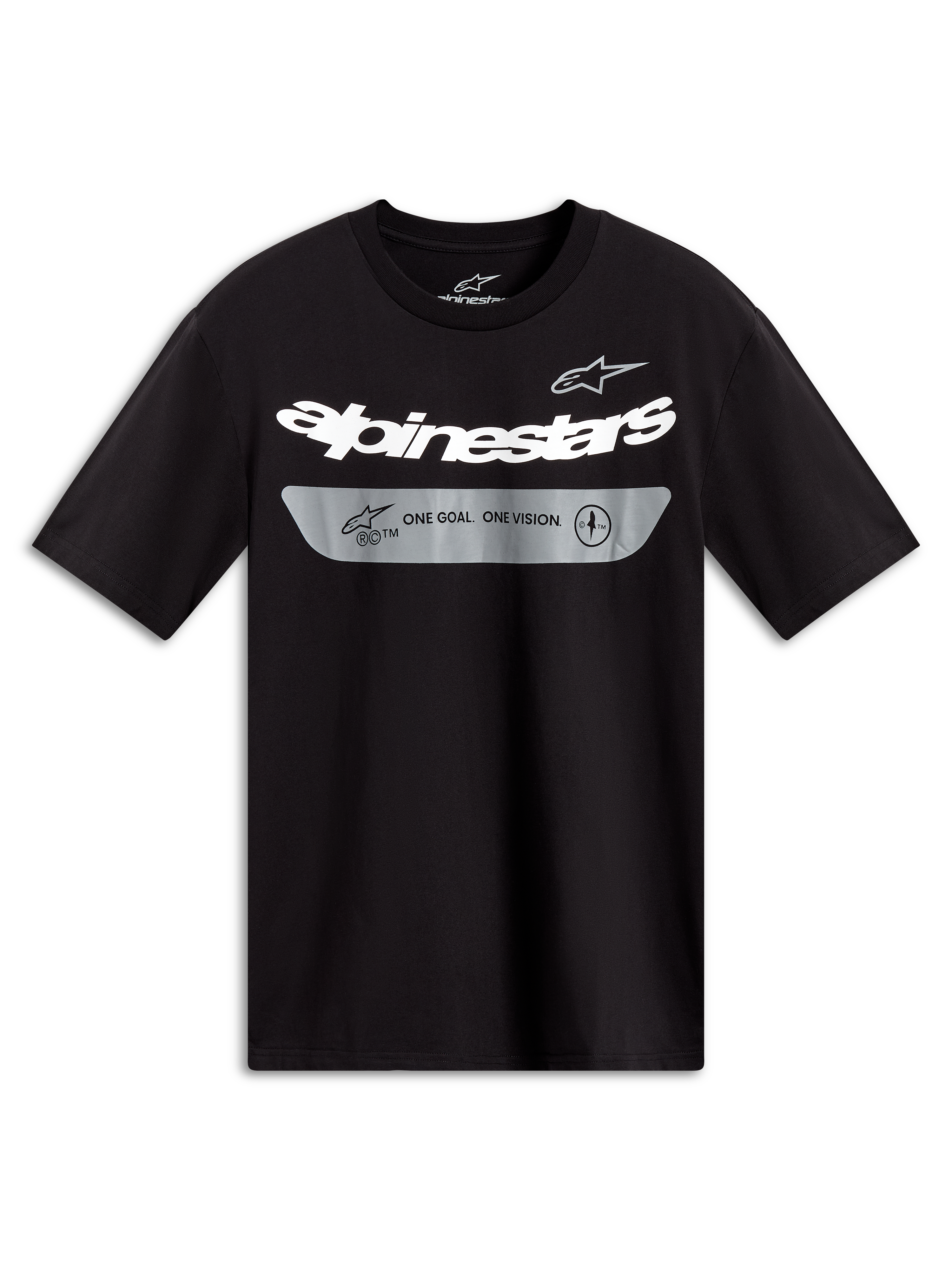 Alpinestars Singular CSF Tee, maglietta a maniche corte nera, logo bianco e slogan grigio One Goal One Vision, sportswear
